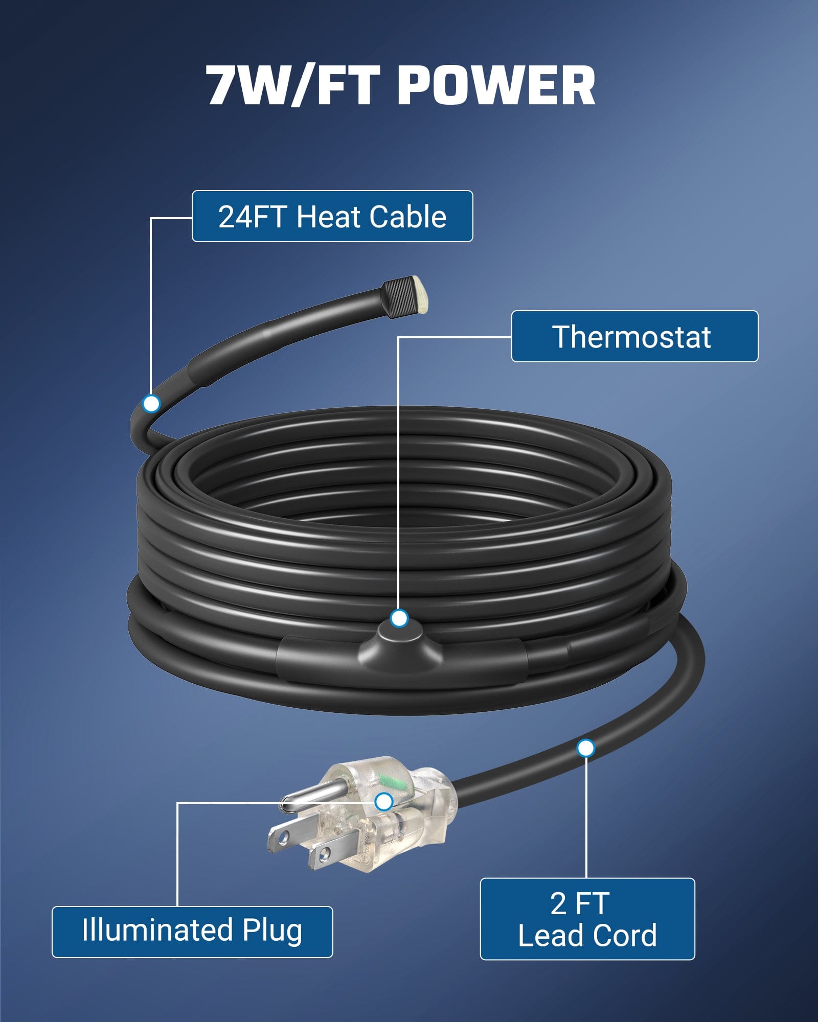 DEWENWILS 24FT Water Pipe Heat Cable for Pipe Freeze Protection, 120V Snow Heating De-Icing Cable with Build-in Thermostat, 7W/ft Water Hose Heat Tape for PVC, Metal and Plastic Pipe-HPHC24A