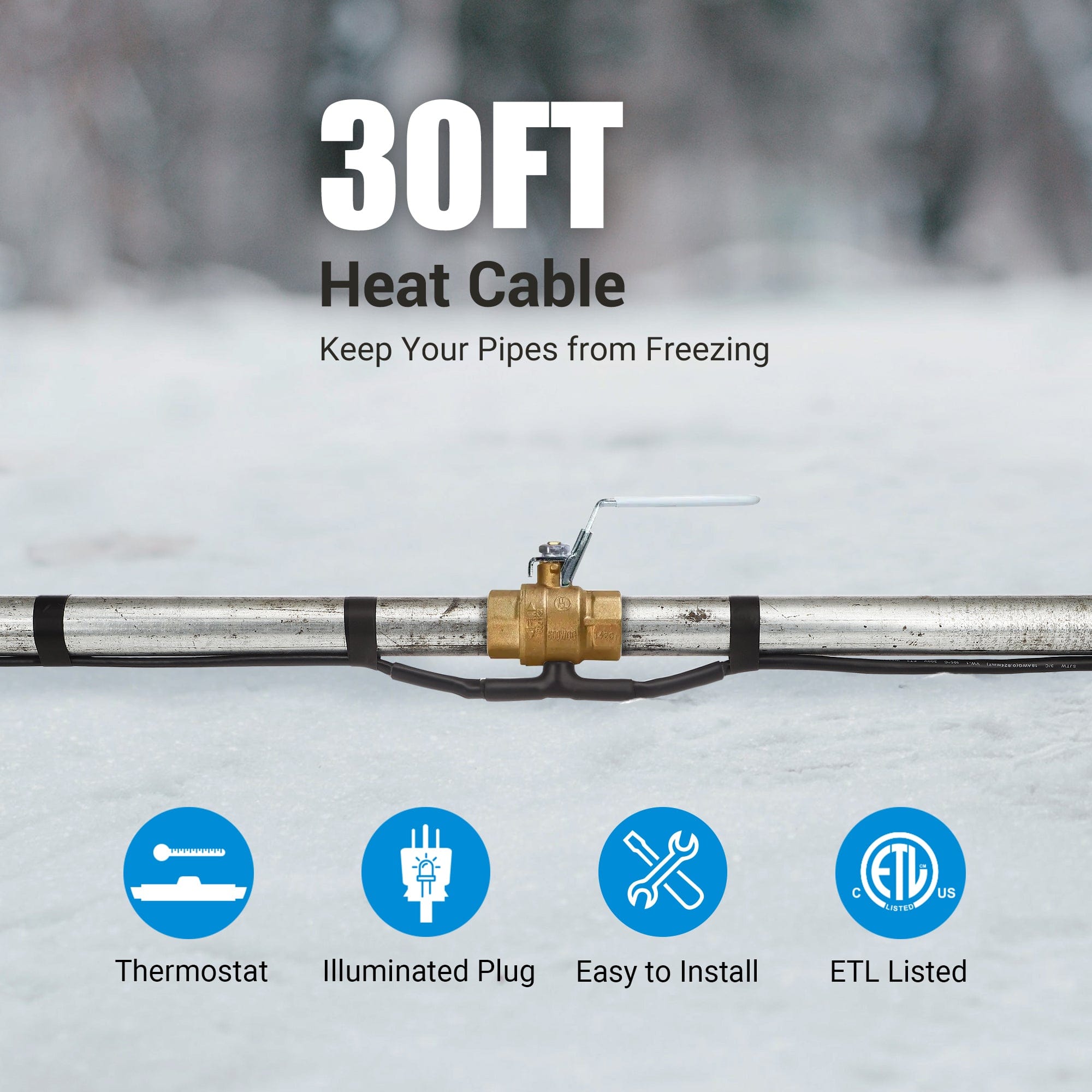 DEWENWILS 30FT Heat Cable for Pipe Freeze Protection, Snow De-Icing Cable with Build in Thermostat-HPHC30A