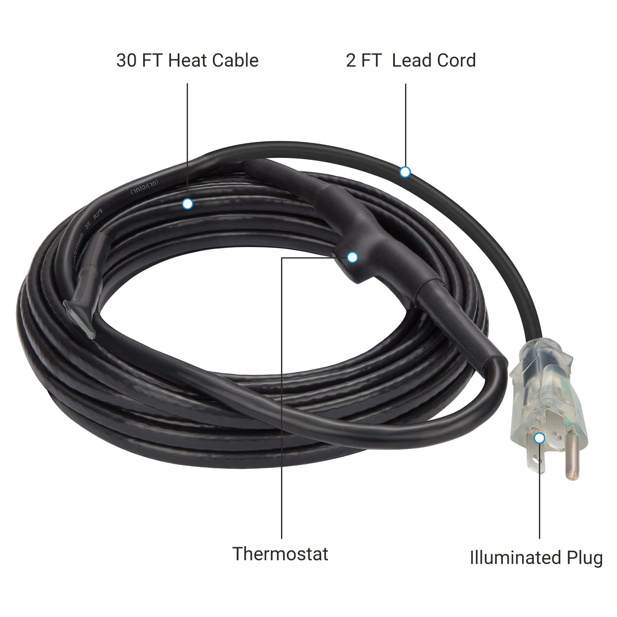 DEWENWILS 30FT Heat Cable for Pipe Freeze Protection, Snow De-Icing Cable with Build in Thermostat-HPHC30A