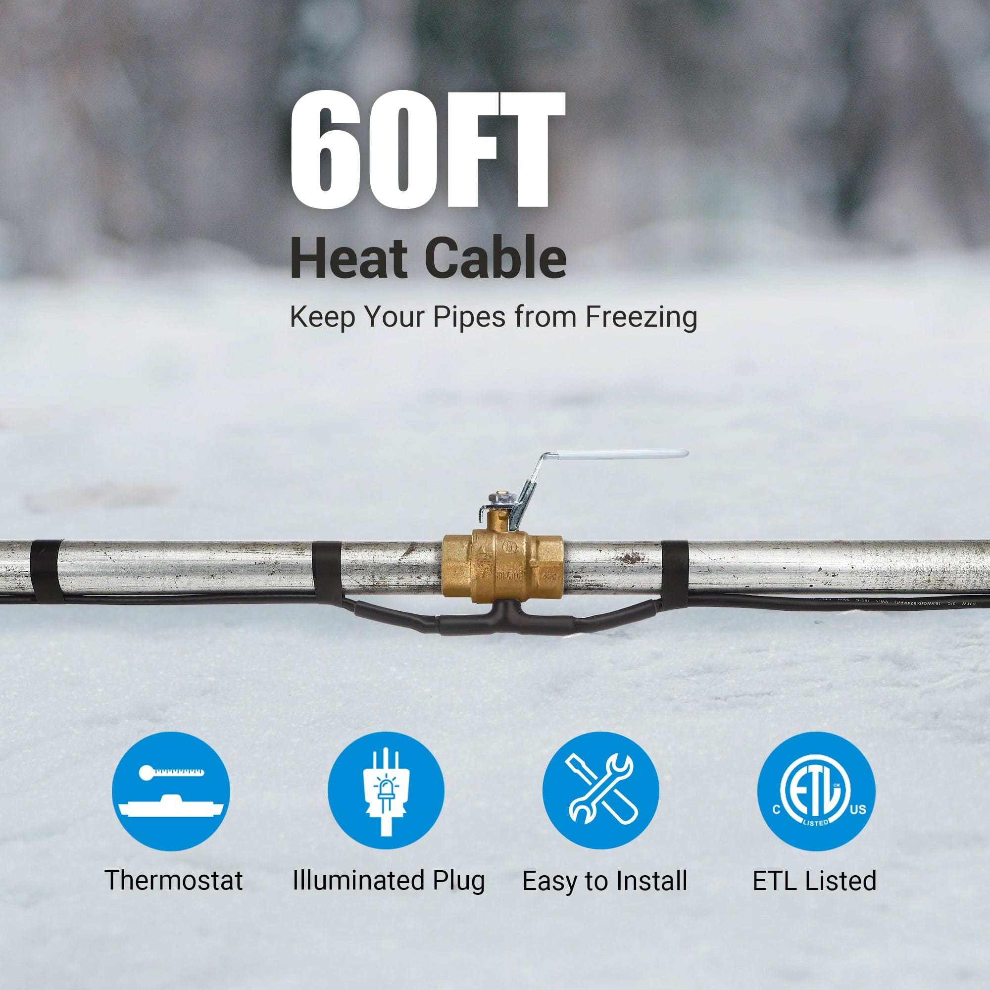 DEWENWILS 60FT Heat Cable for Pipe Freeze Protection, Snow De-Icing Cable with Build in Thermostat-HPHC60A