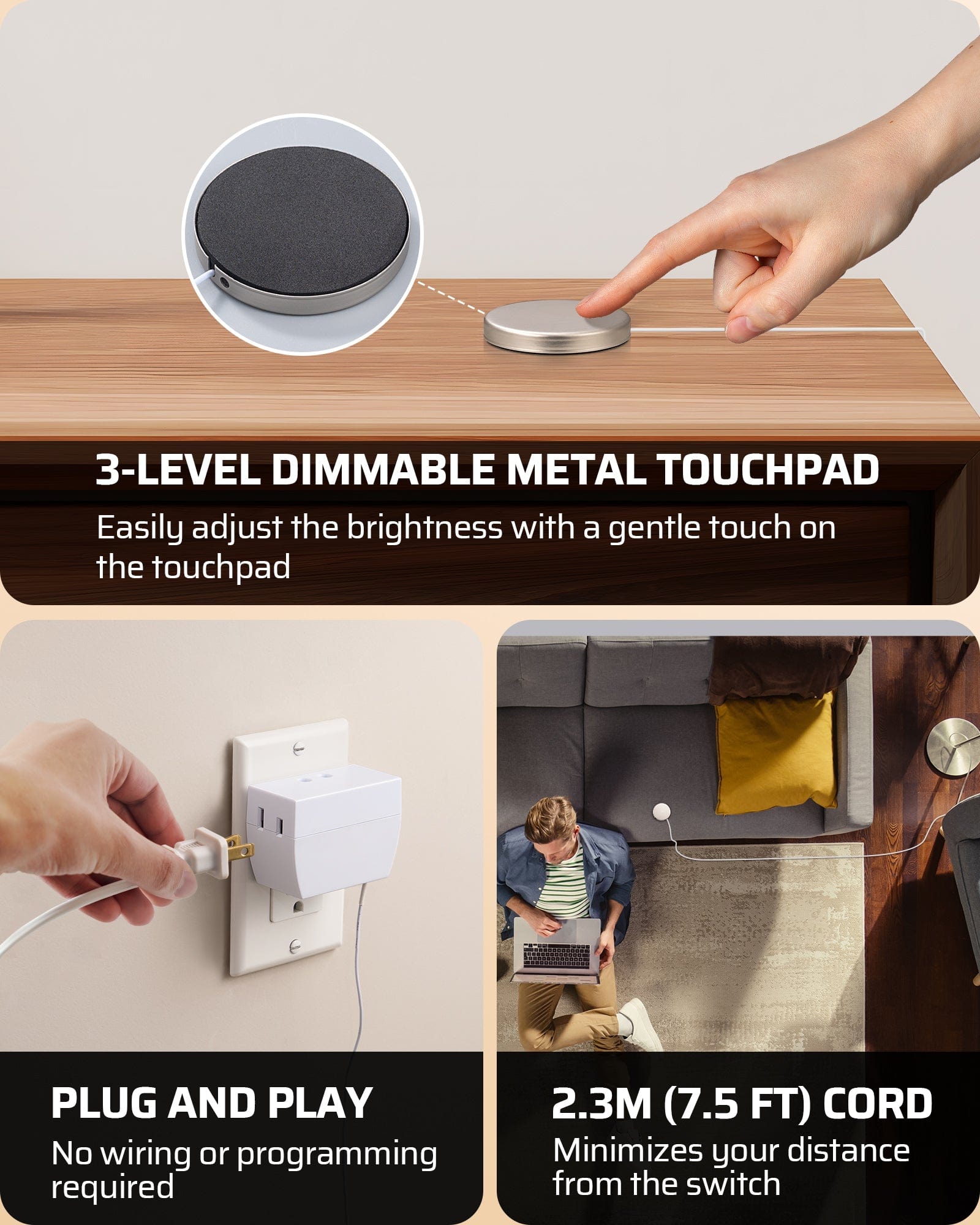 DEWENWILS Touch Dimmer Switch, Touch Pad Control with 3 Levels of Dimming, Dimmable LED/CFL Lights, and Incandescent Bulbs, 8ft Extension Cord (2 Pack)-F2HPID01E