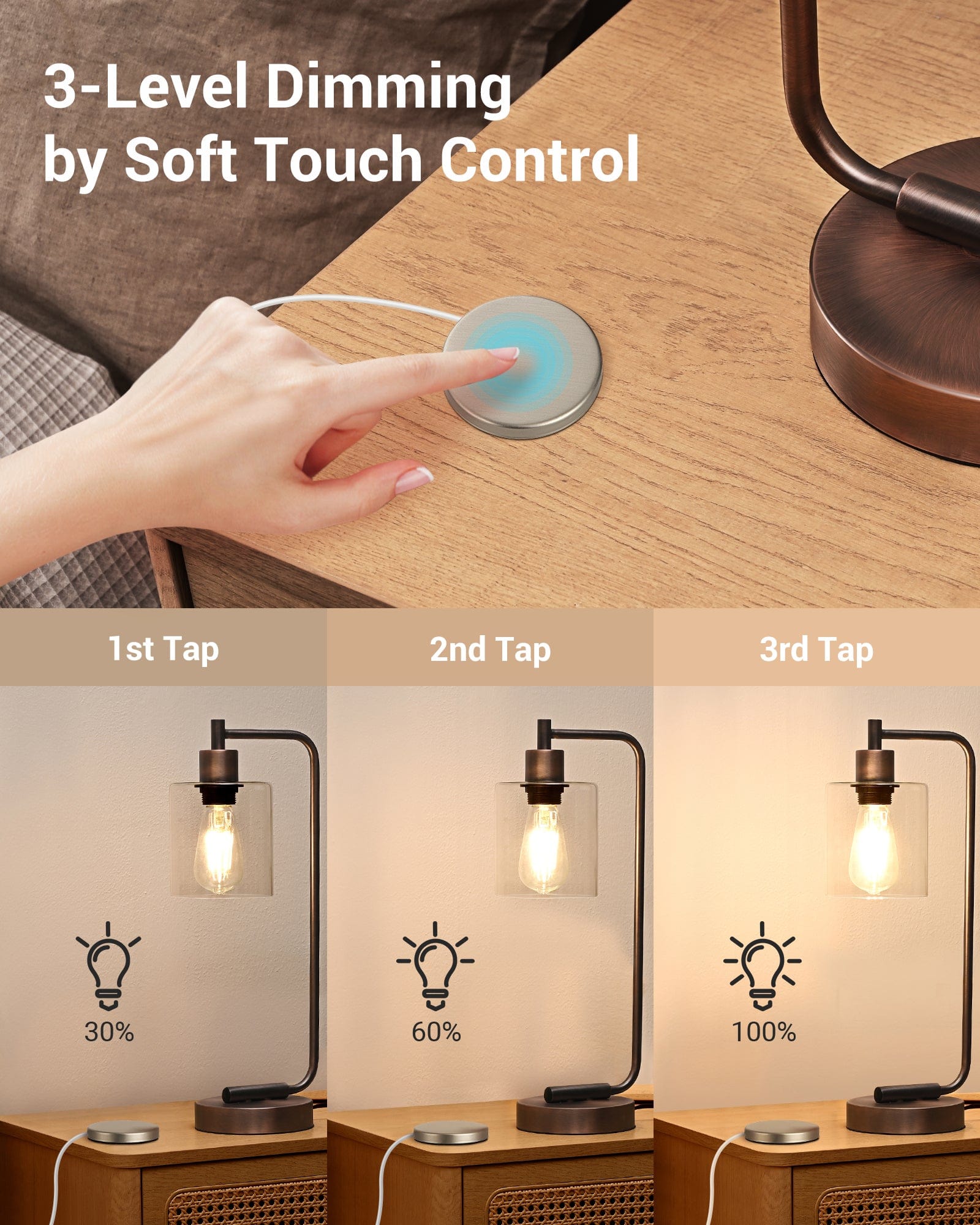 Dimmer switch: 3-level dimming via soft touch control