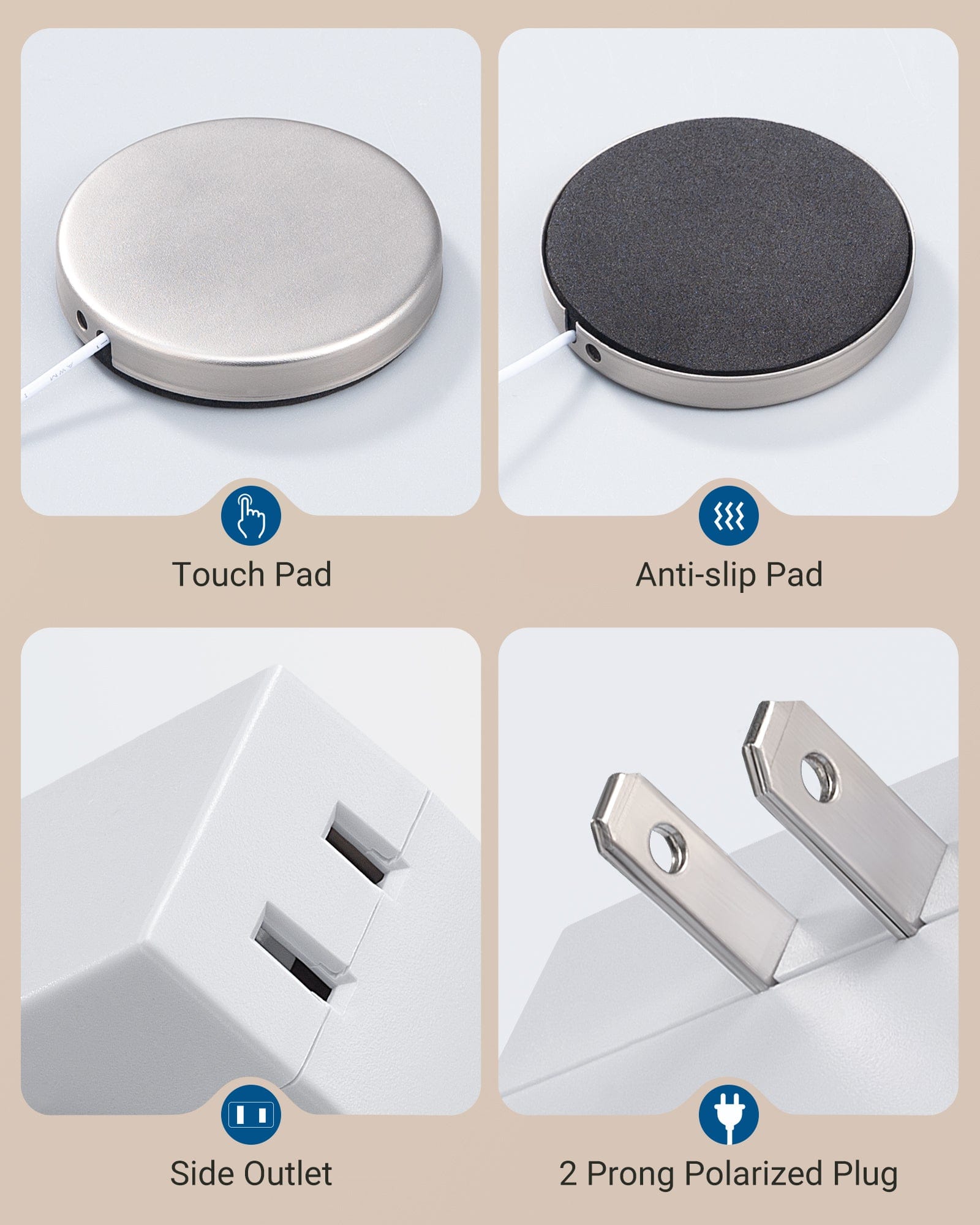 Dimmer switch: Features a touch pad, side outlet, anti-slip pad, and 2-prong polarized plug