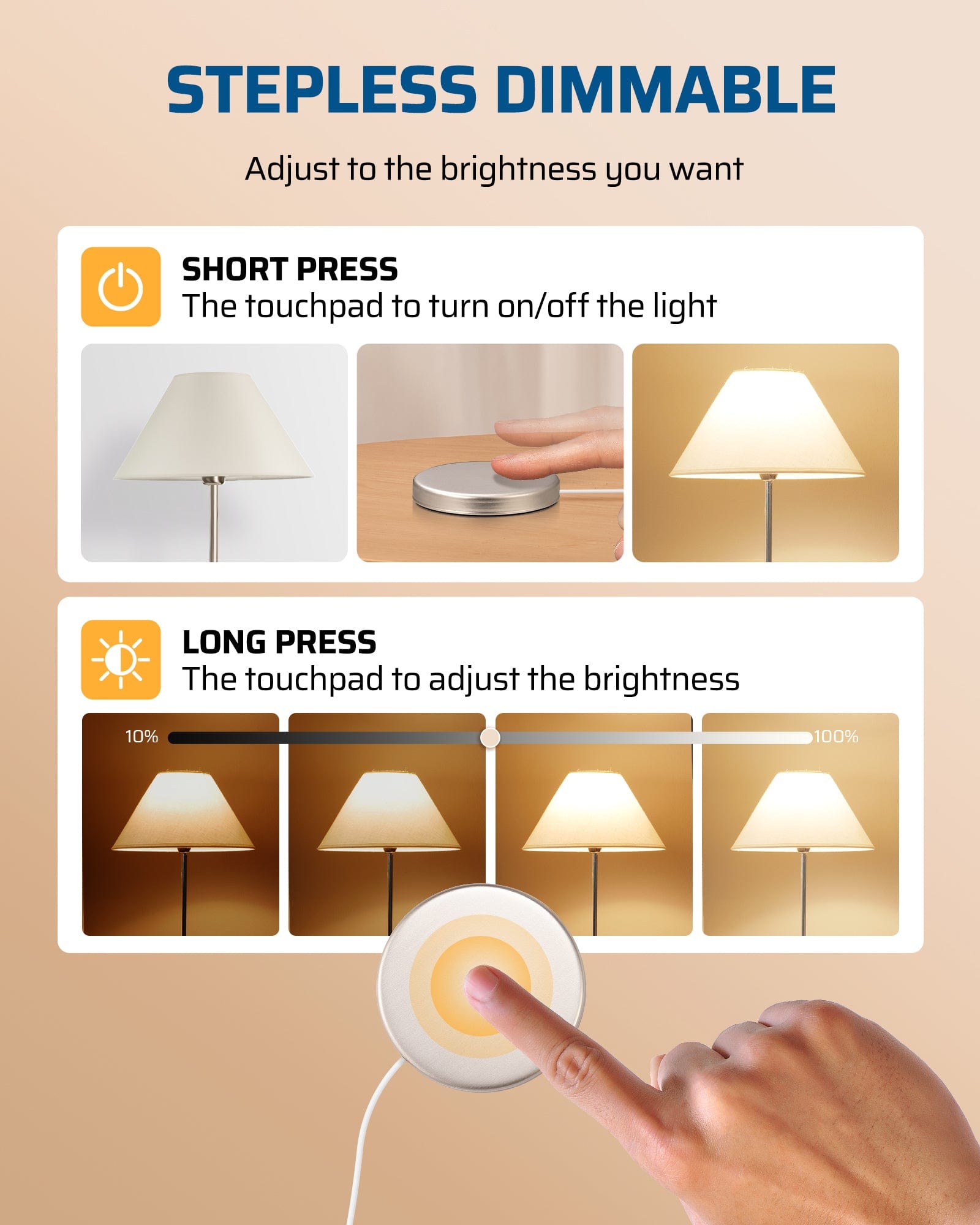 Dimmer Switch: Stepless dimmable; adjust to your desired brightness level