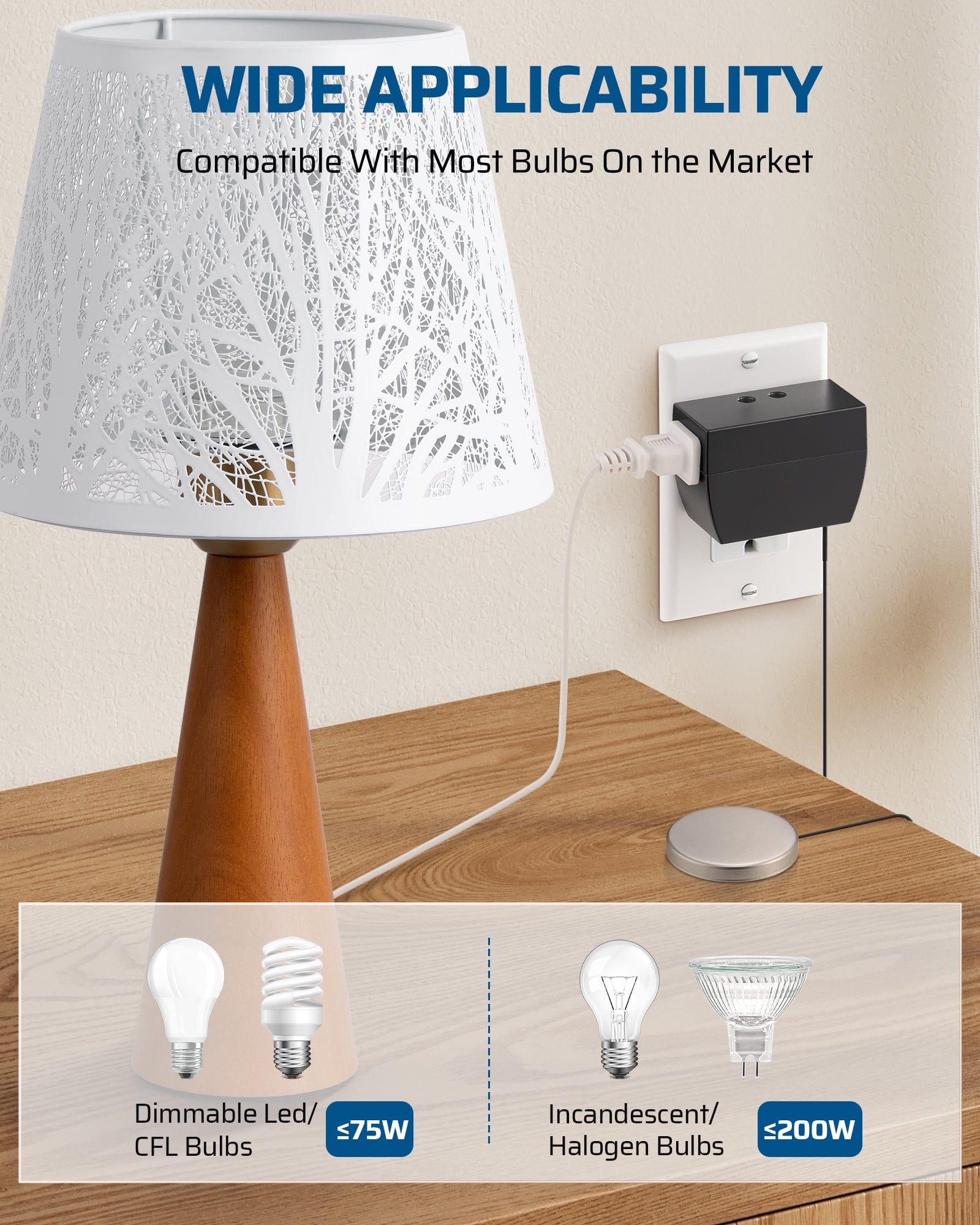 Dimmer switch fits most bulbs, supporting up to 75W dimmable LED/CFL or 200W incandescent/halogen. It offers smooth, full-range control for custom ambient lighting