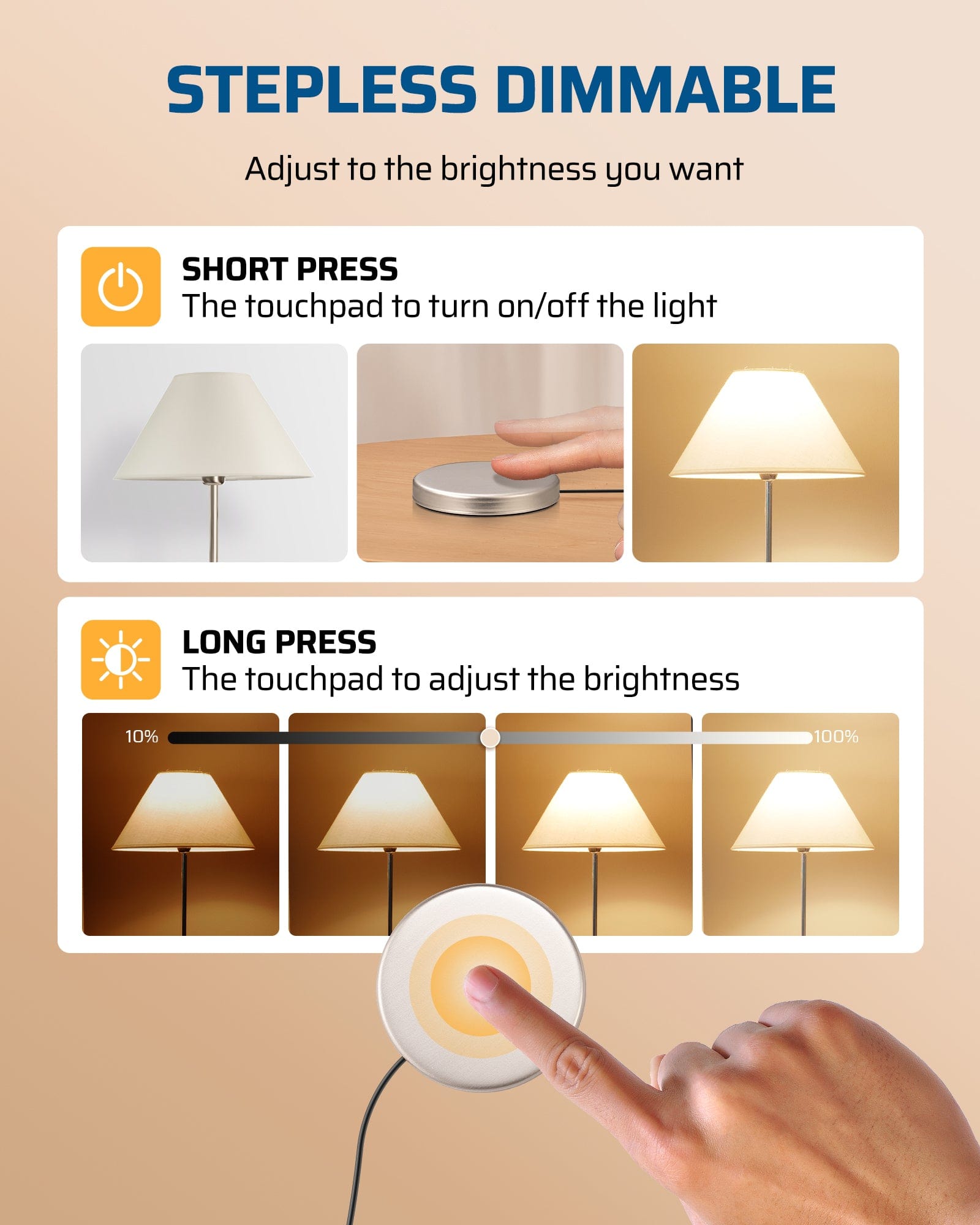 Dimmer switch provides stepless dimming, allowing you to smoothly adjust to any brightness level for perfect lighting in bedrooms, nurseries, or dining areas