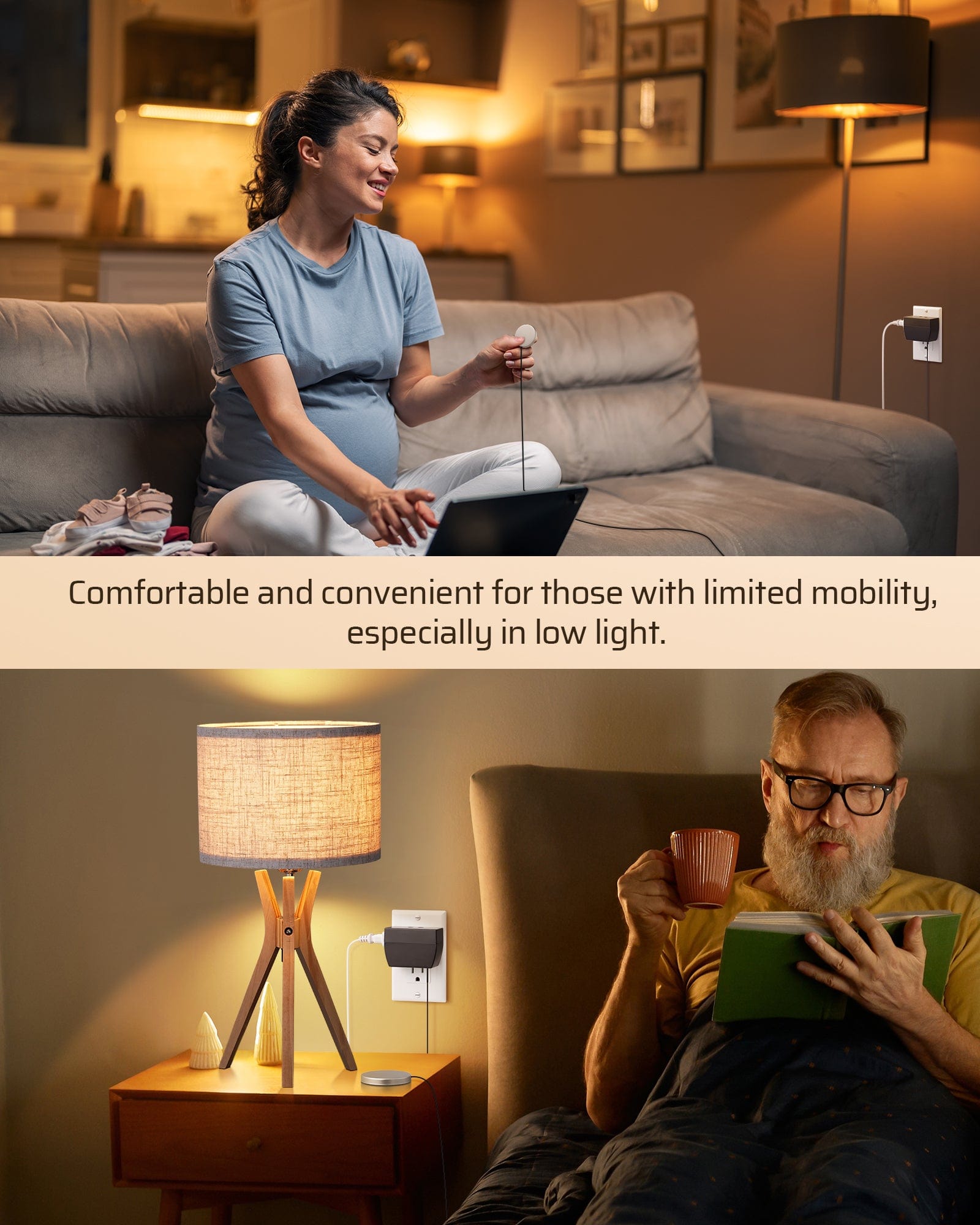 Dimmer switch features a metal touchpad and 7.5ft cord, offering easy brightness control and convenience for those with limited mobility. No wiring required