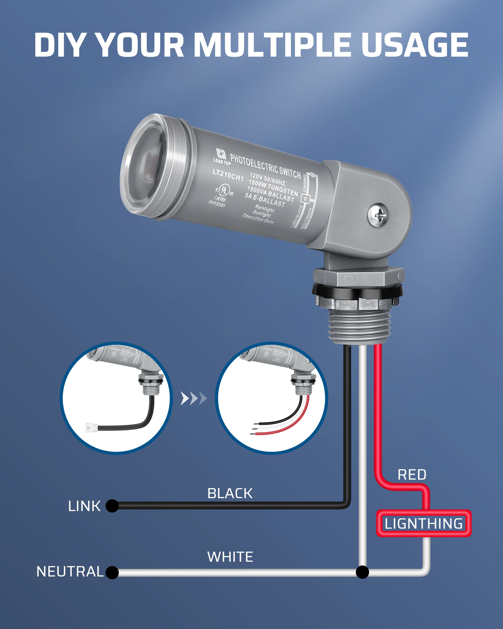 DEWENWILS 120VAC Dusk to Dawn Sensor, Light Sensor Switch, Swivel Mount, Photocell Light Control for Outdoor Low Voltage Transformer, 3 Pin Male to Male Connector Included-HPPS01A1