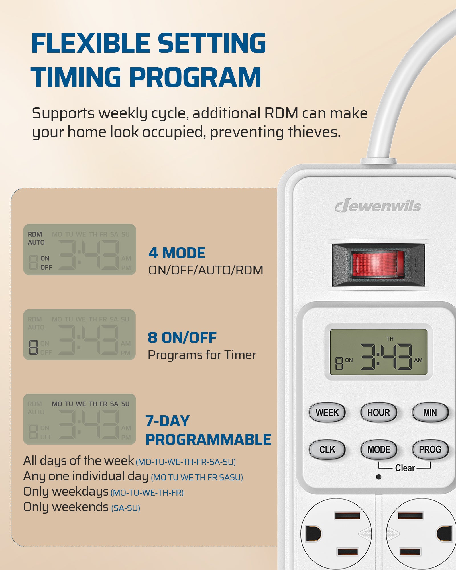 DEWENWILS 8 Outlet Power Strip with Timer (4 Timed/4 Always On), Indoor Digital Timer Outlet for Reptile Light, Turtle Grow Light, Bearded Dragon Tank, Aquarium, 6ft Flat Plug Cord, 15A-HPST16E