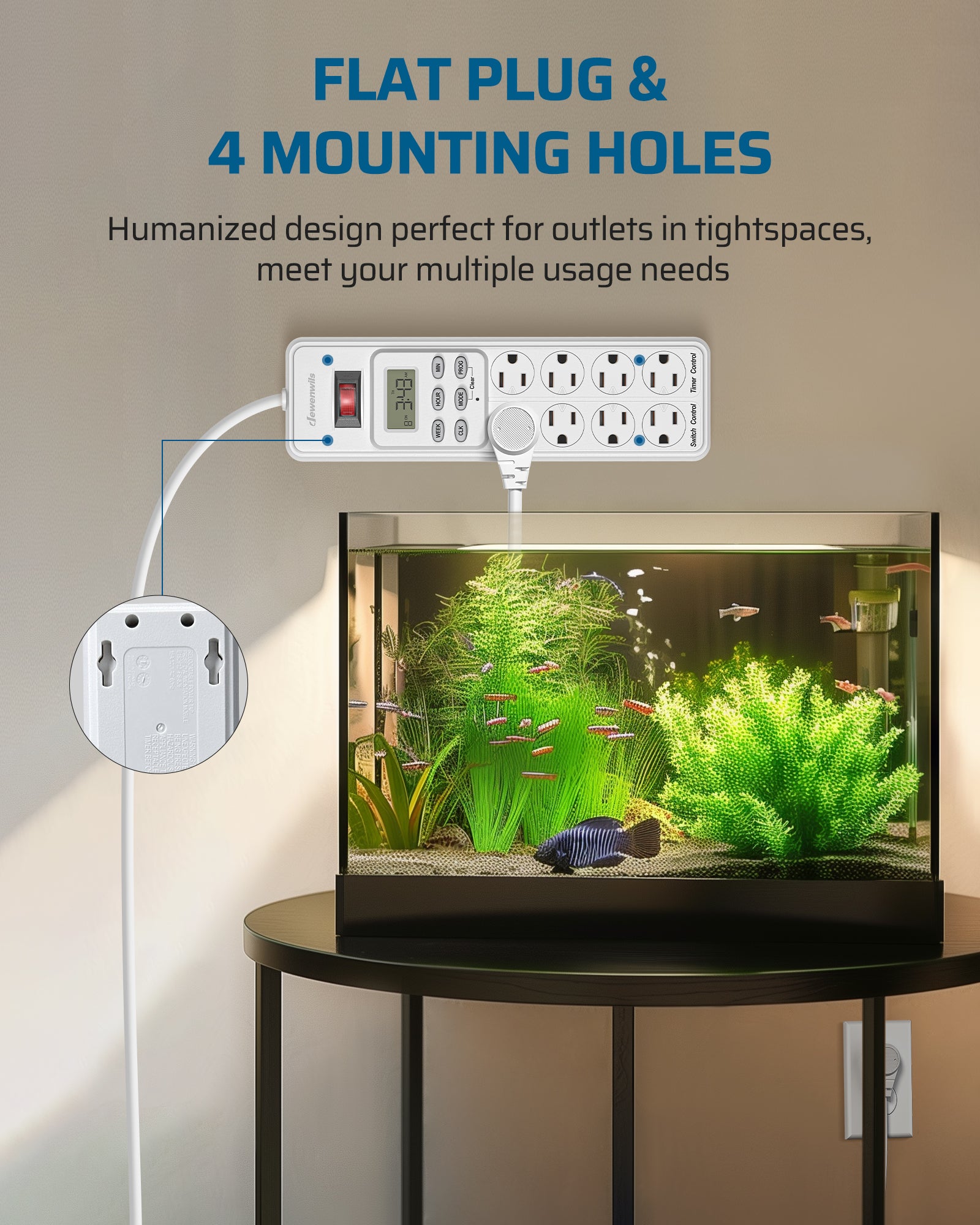 DEWENWILS 8 Outlet Power Strip with Timer (4 Timed/4 Always On), Indoor Digital Timer Outlet for Reptile Light, Turtle Grow Light, Bearded Dragon Tank, Aquarium, 6ft Flat Plug Cord, 15A-HPST16E