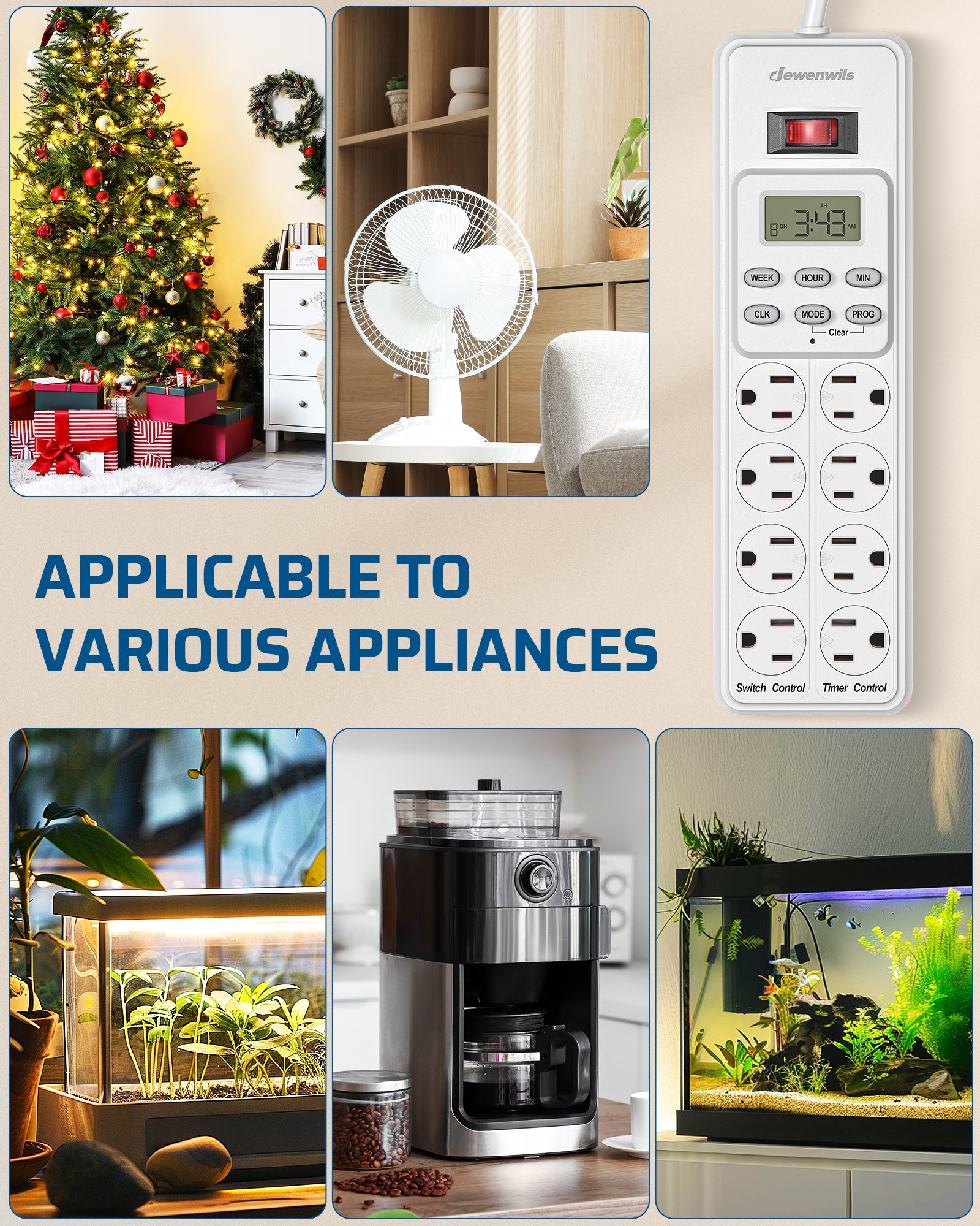 DEWENWILS 8 Outlet Power Strip with Timer (4 Timed/4 Always On), Indoor Digital Timer Outlet for Reptile Light, Turtle Grow Light, Bearded Dragon Tank, Aquarium, 6ft Flat Plug Cord, 15A-HPST16E