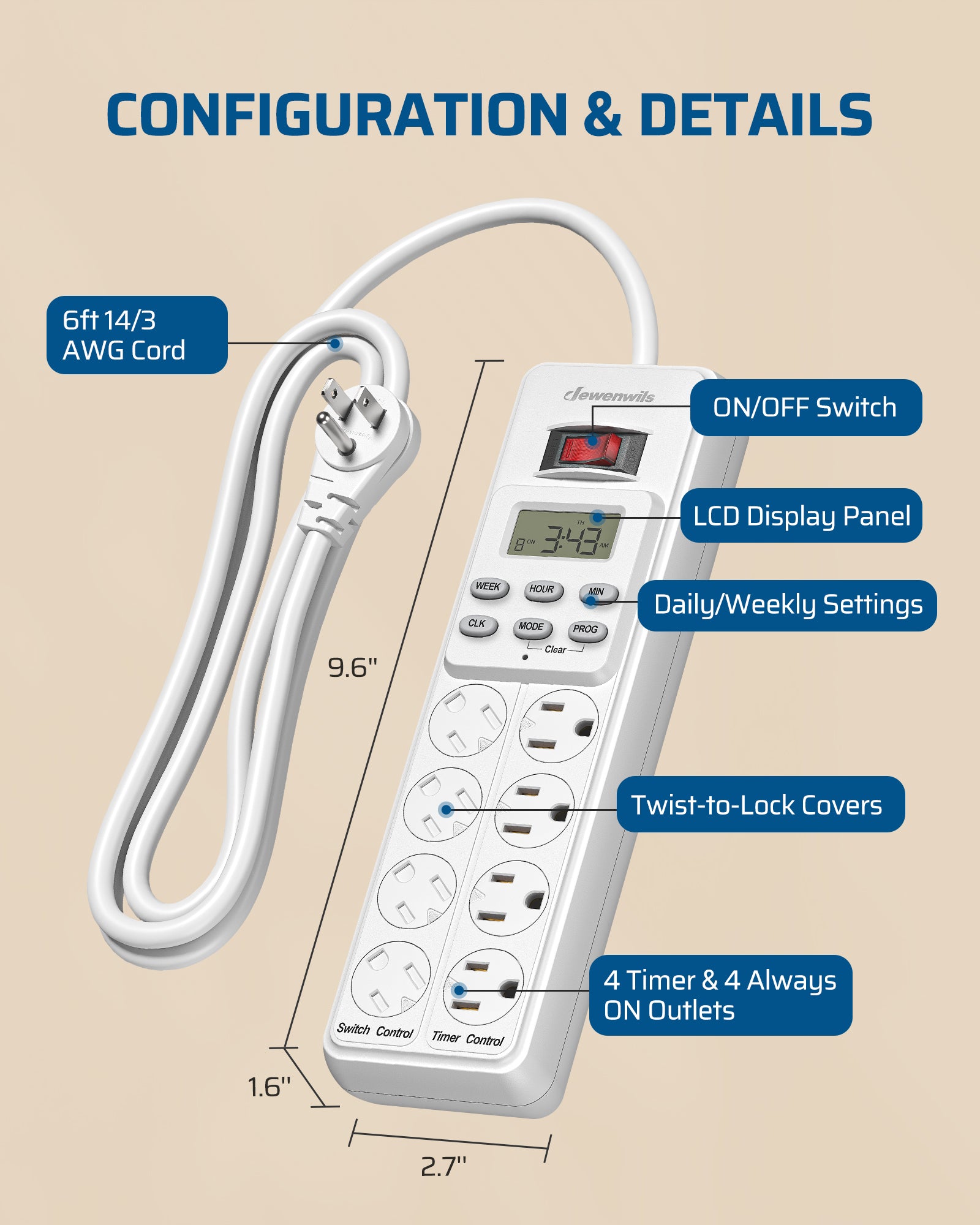 DEWENWILS 8 Outlet Power Strip with Timer (4 Timed/4 Always On), Indoor Digital Timer Outlet for Reptile Light, Turtle Grow Light, Bearded Dragon Tank, Aquarium, 6ft Flat Plug Cord, 15A-HPST16E