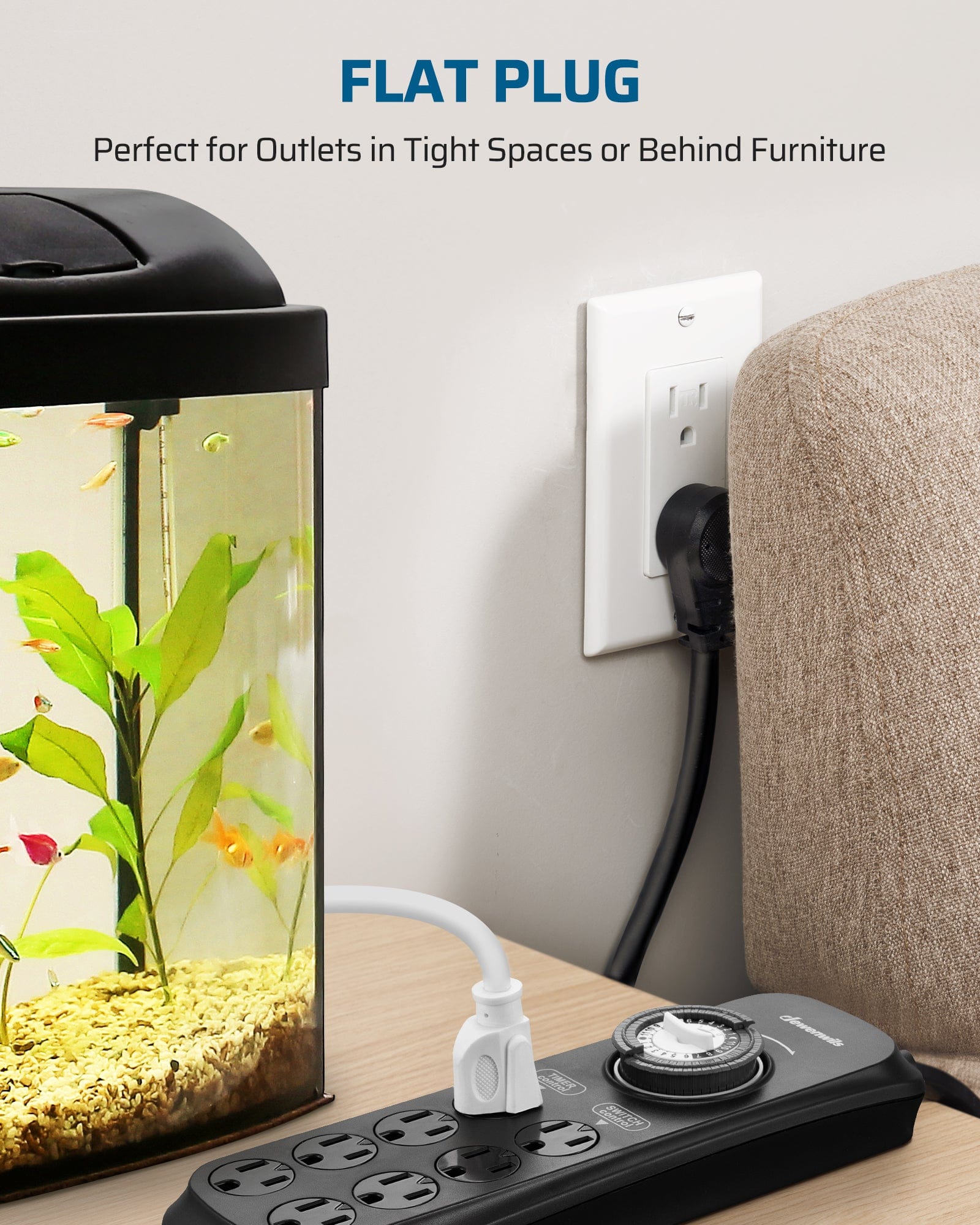 DEWENWILS Mechanical Timer Power Strip with 8 Outlets, 6FT Power Cord & Flat Plug, Overload Protection Mechanical Timer, Outlet Timer Indoor for Tanks, Aquarium, Grow Lights, Reptile Light-HPST16N