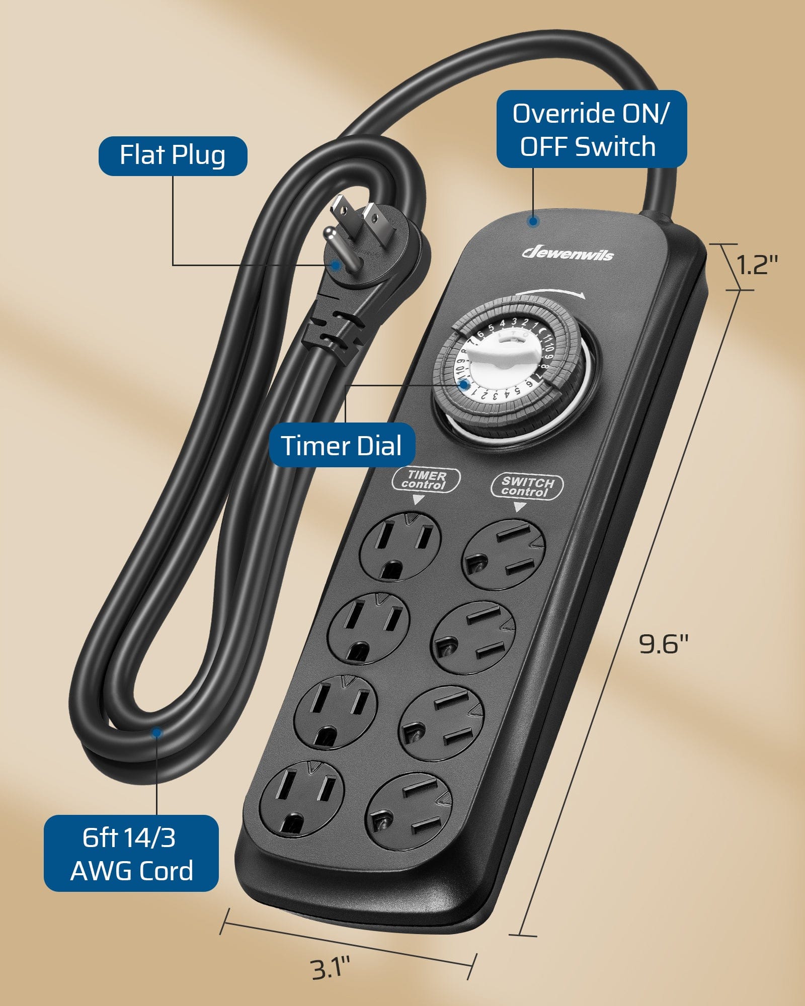 DEWENWILS Mechanical Timer Power Strip with 8 Outlets, 6FT Power Cord & Flat Plug, Overload Protection Mechanical Timer, Outlet Timer Indoor for Tanks, Aquarium, Grow Lights, Reptile Light-HPST16N
