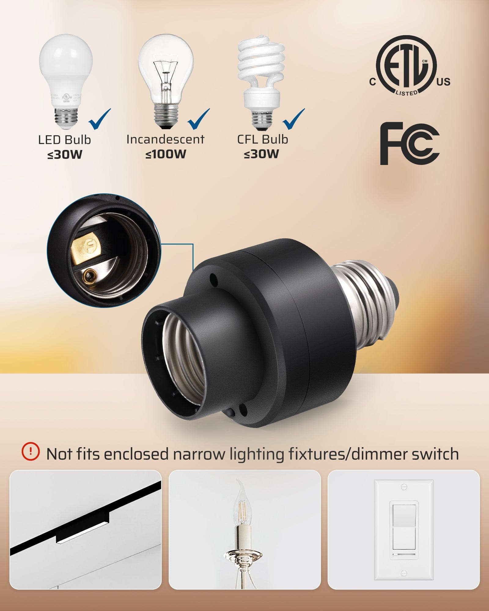 DEWENWILS Remote Control Light Socket with Dimmer, Wireless Light Switch, Wireless Light Bulbs Socket Switch, E26 E27 Base, 100FT Range, No Wiring, for Closet, Garage, Basement, Black-HRLD11B1