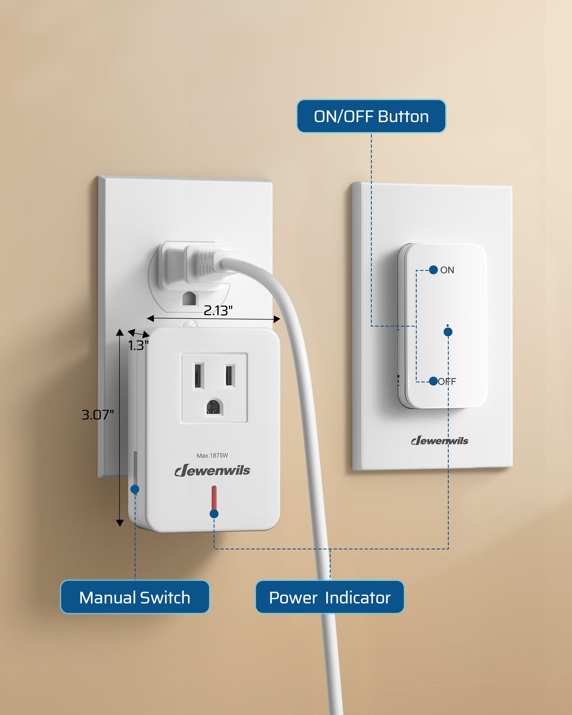 DEWENWILS Wireless Light Switch, 100 FT RF Signal, Remote Control Outlet Switch with Magnetic Base, Compact & Expandable, 15A/1875W Wireless Remote Switch for Indoor Lighting, Fan, Charger-HRLS11P