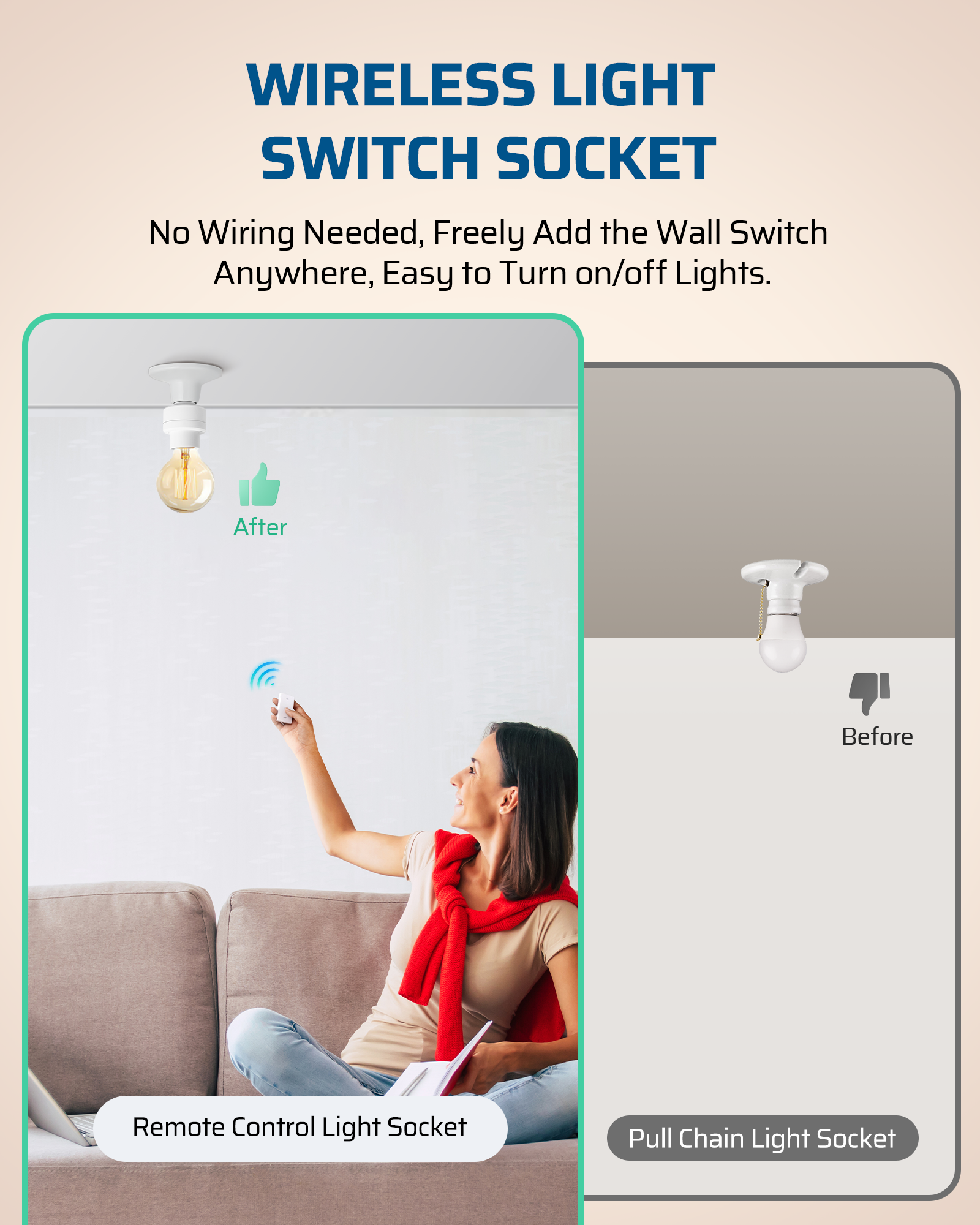 DEWENWILS Remote Control Light Socket, Wireless Light Switch for Pull Chain Light Lamp Fixtures, 100FT Range, No Wiring Needed, ETL Listed(1 Wall Mounted Controller+1 Bulb Base, Shorter Version) - HRLS11S-P1 <br>(Only Switch, Without Sockets)