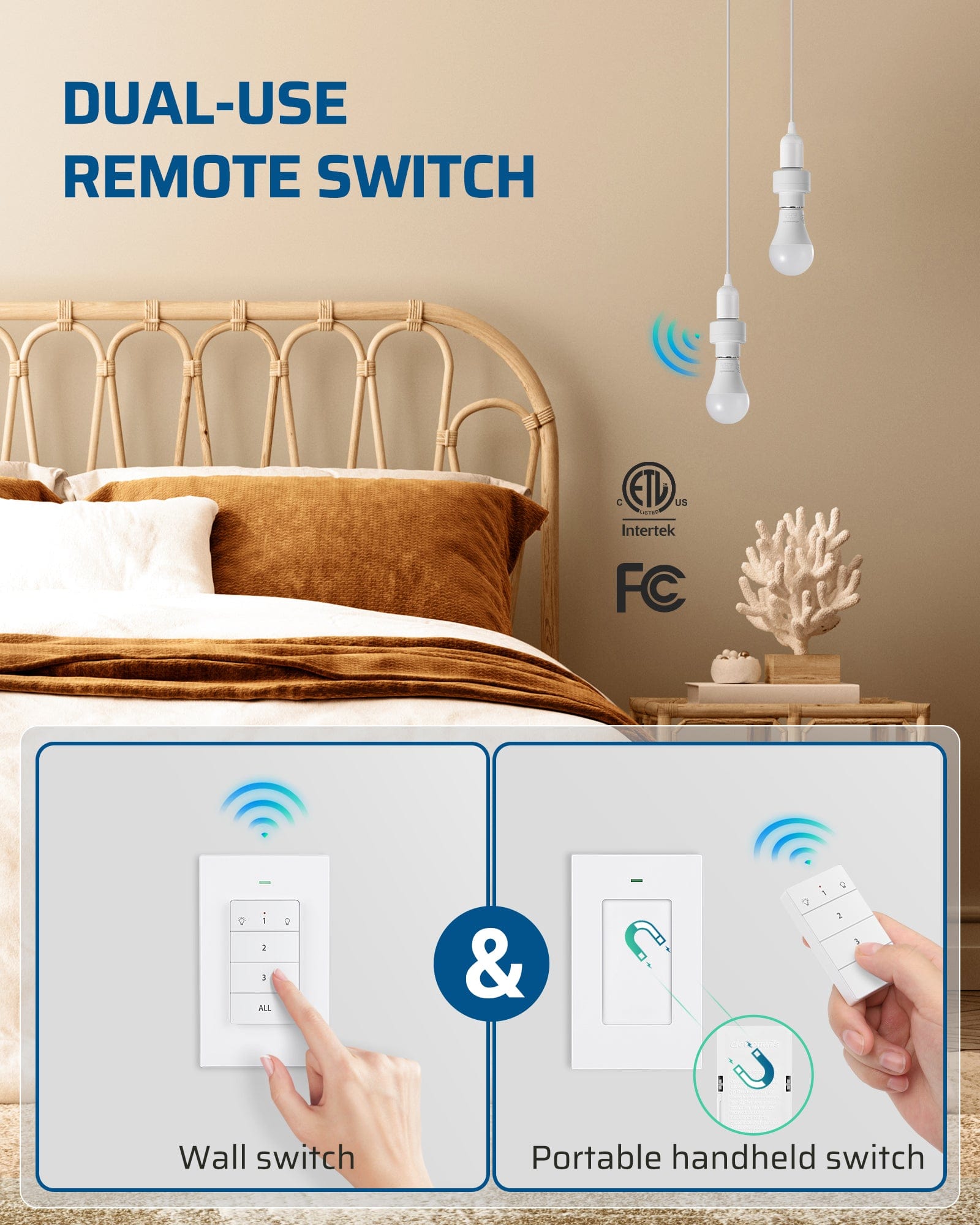 DEWENWILS Remote Control Light Socket, Wireless Light Switch for Pull Chain Light Lamp Fixtures, 100FT Range, No Wiring Needed, ETL Listed(1 Wall Mounted Controller+2 Socket, Shorter Version)-SHRLS12J
