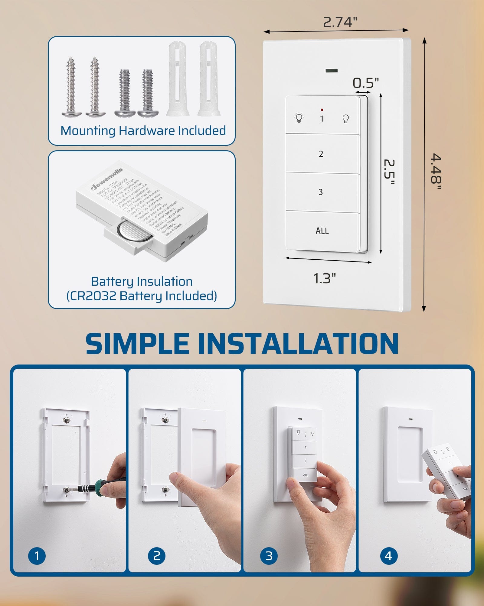 DEWENWILS Remote Control Light Socket, Wireless Light Switch for Pull Chain Light Lamp Fixtures, 100FT Range, No Wiring Needed, ETL Listed(1 Wall Mounted Controller+2 Socket, Shorter Version)-SHRLS12J