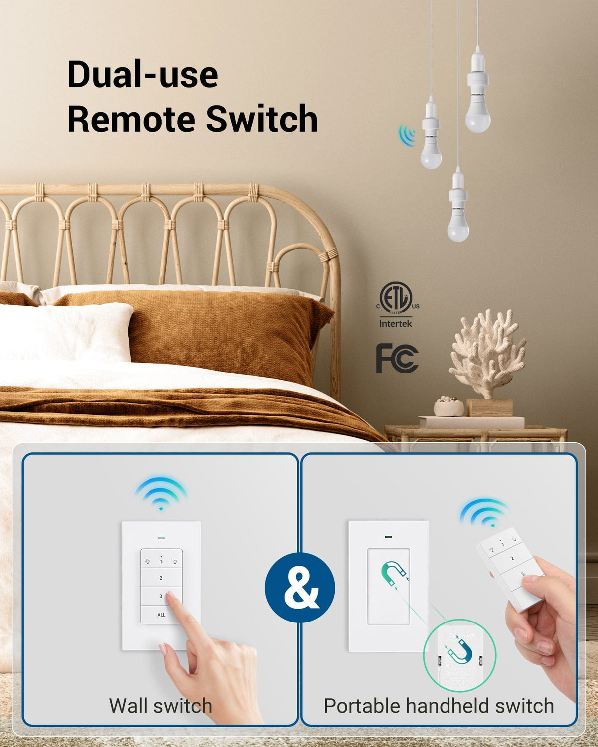 Remote Control Light Socket: dual-use remote switch works as a wall-mounted or portable handheld controller for flexible and convenient lighting control