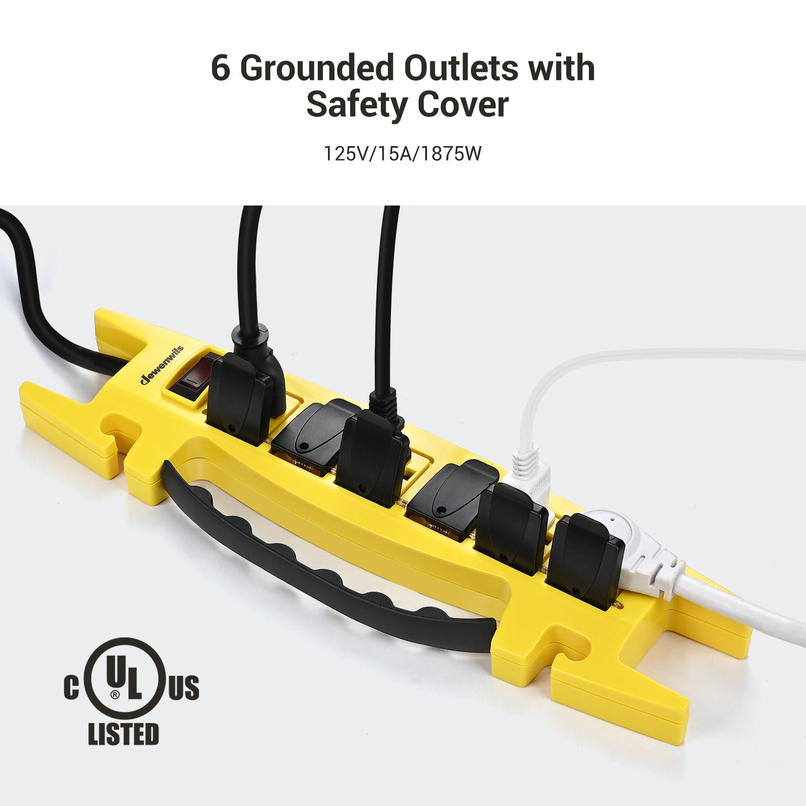 DEWENWILS 6-Outlet Heavy Duty Power Strip with 15FT Cord, Garage Power Strip with 15A Circuit Breaker, Industrial Power Strip, Wall Mountable & Cord Management, Safety Cover-HRPS02C