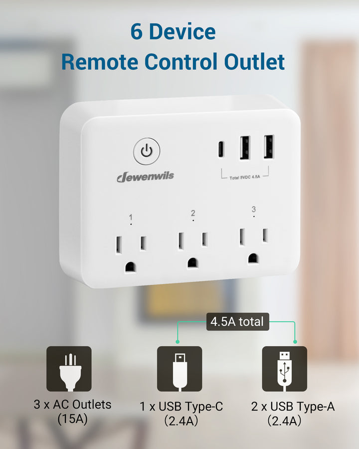 DEWENWILS Wireless Remote Control Outlet, 125v/15a/1875w Remote USB Outlet Switch, 100ft Control Range, Programmable & Expandable,FCC Listed