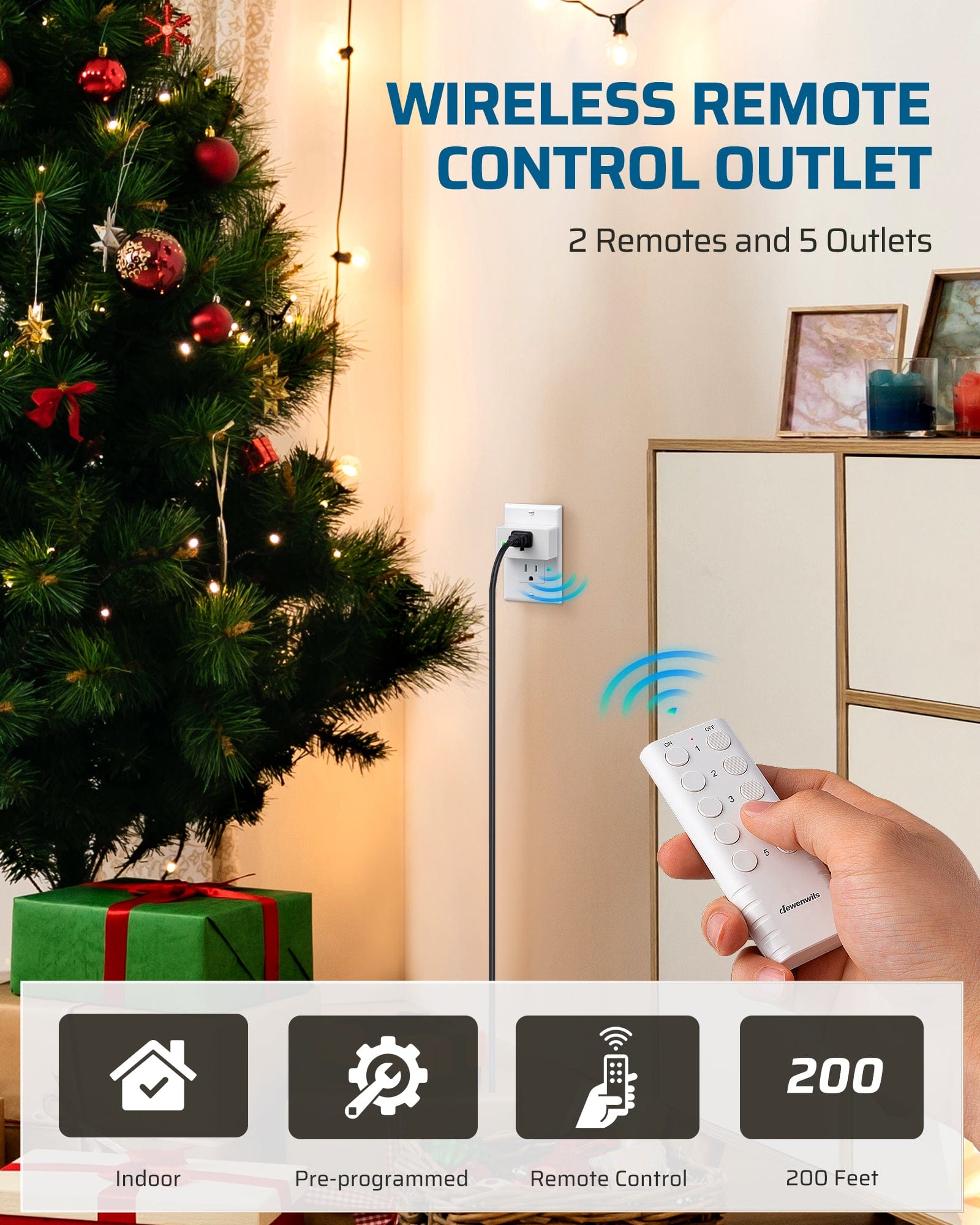 DEWENWILS Indoor Remote Control Outlet, Wireless Remote Outlets Switch, 200FT Range, Remote Light Switch for Lights, Fans, Christmas Lights, 15A/1800W, (5 Outlets + 2 Remotes)-HRS205S
