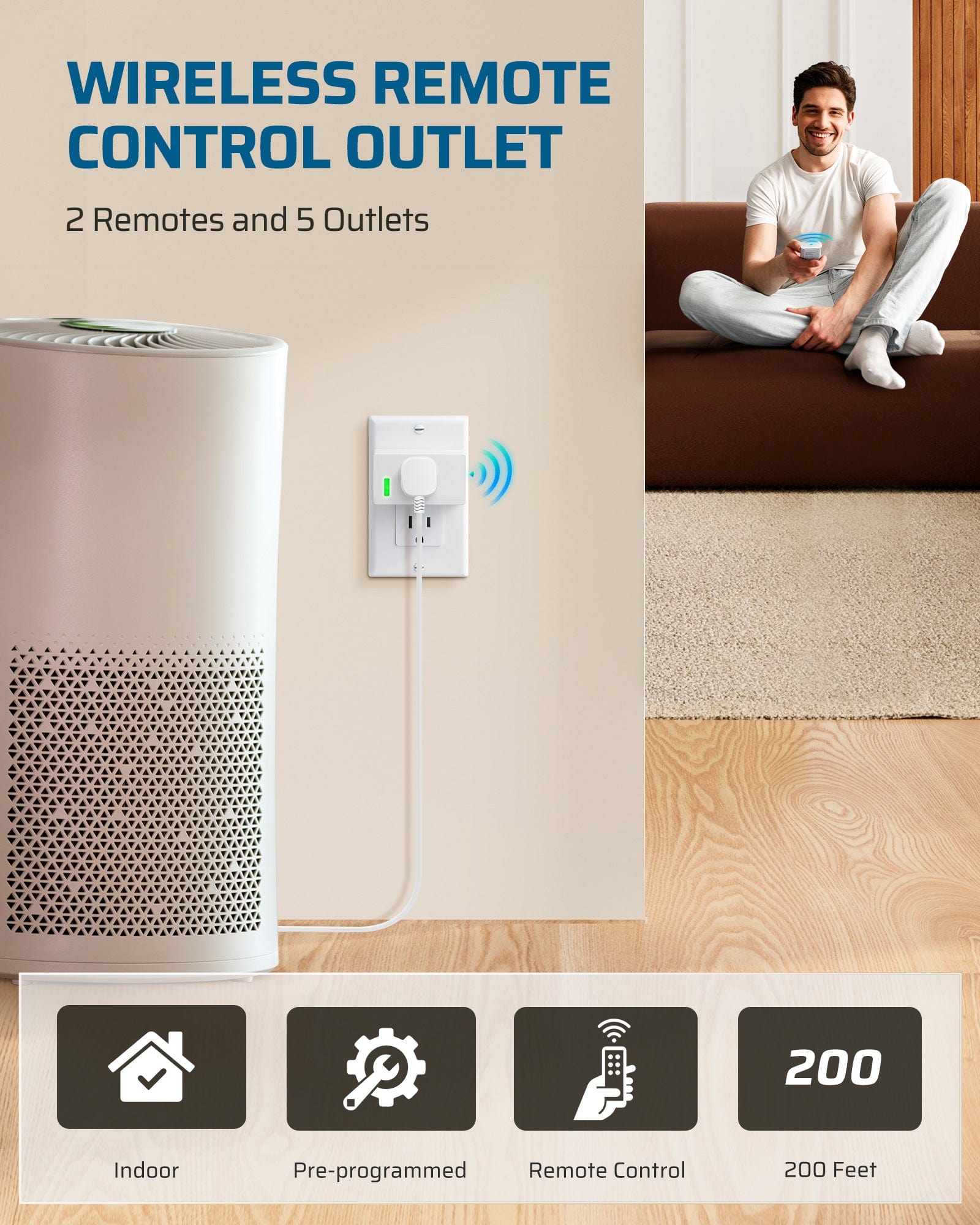 DEWENWILS Indoor Remote Control Outlet, Wireless Remote Outlets Switch, 200FT Range, Remote Light Switch for Lights, Fans, Christmas Lights, 15A/1800W, (5 Outlets + 2 Remotes)-HRS205S