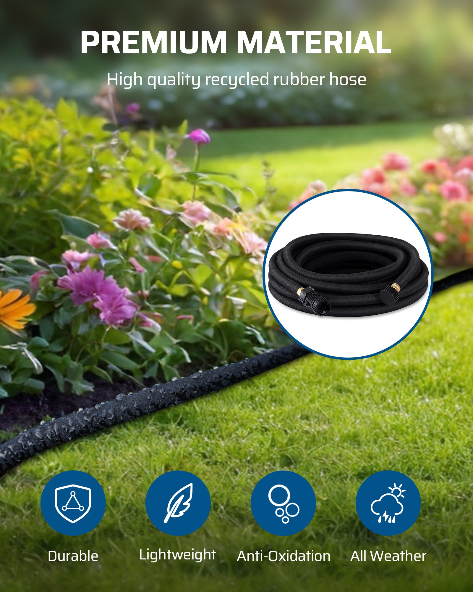 DEWENWILS Soaker Hose 50FT for Garden Beds, 5/8 Inch Round Drip Hose with Pressure Regulator, Flexible Leakproof, Save 75% Water, Irrigation Hose for Vegetable, Fruit Beds, Shrubs, Lawn, Yard-HRSH50B