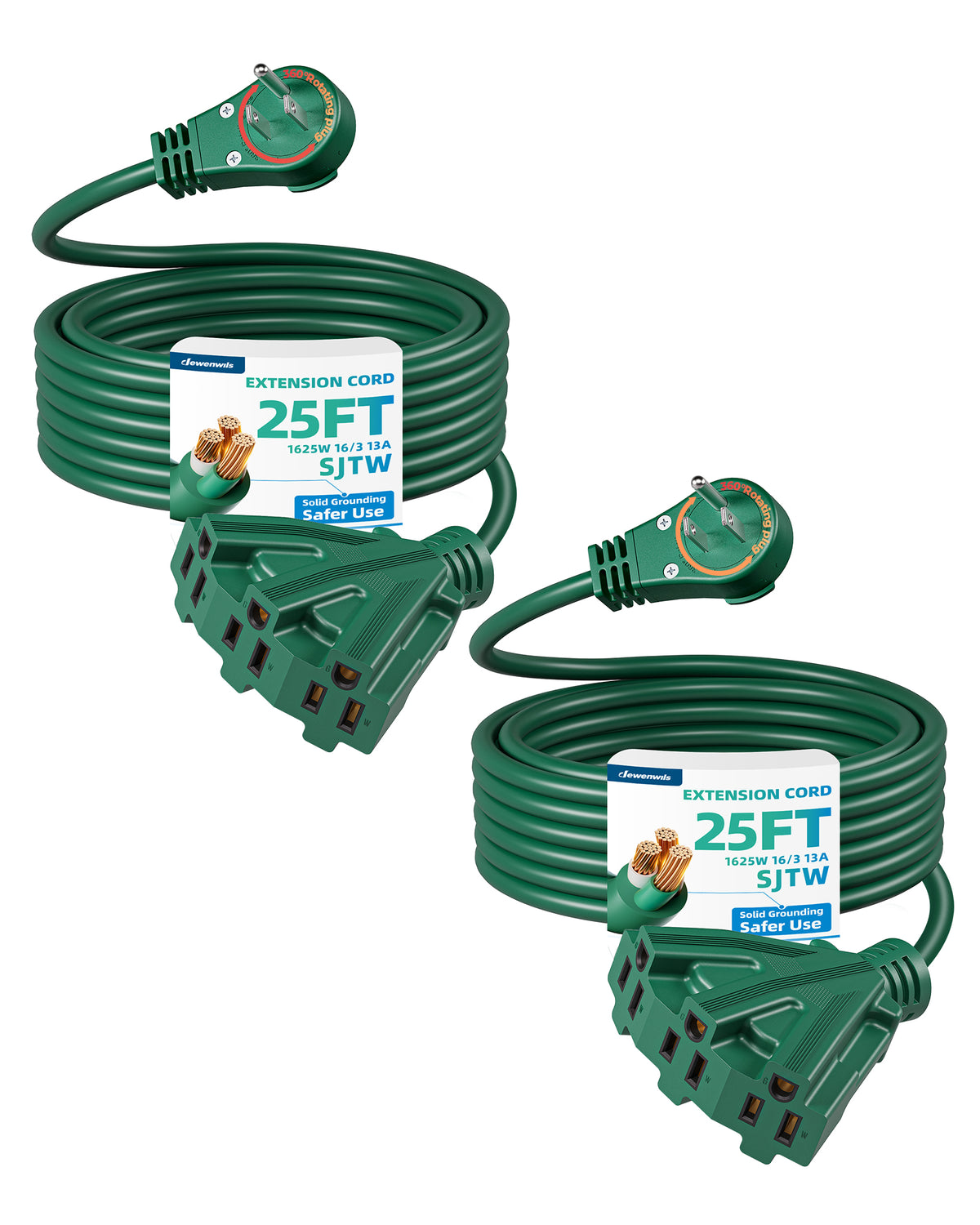 DEWENWILS 10FT Outdoor Extension Cord With 3 Outlets 3 Prong Rotatable Flat Plug 16 AWG 16/3 Gauge SJTW 2-Pack