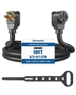 DEWENWILS 50 Amp RV Extension Cord, 125/250VAC 12500W Heavy Duty EV Power Cord, NEMA 14-50P to 14-50R 6/3+8/1 Copper Wire, STW Outdoor Waterproof Power Cable, for RV, EV, Camper, 10 Feet-HRVC10A