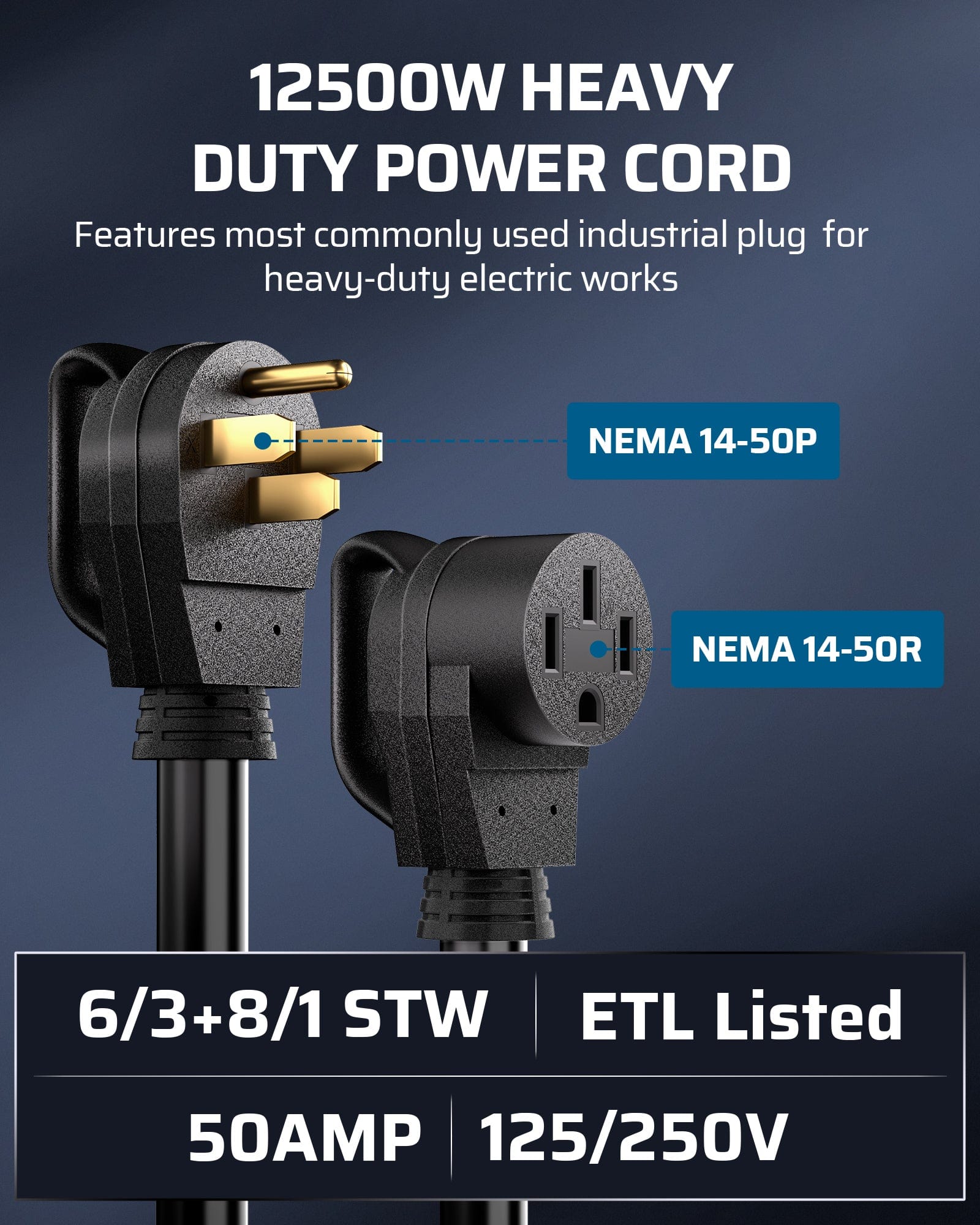 DEWENWILS 50 Amp RV Extension Cord, 125/250VAC 12500W Heavy Duty EV Power Cord, NEMA 14-50P to 14-50R 6/3+8/1 Copper Wire, STW Outdoor Waterproof Power Cable, for RV, EV, Camper, 10 Feet-HRVC10A
