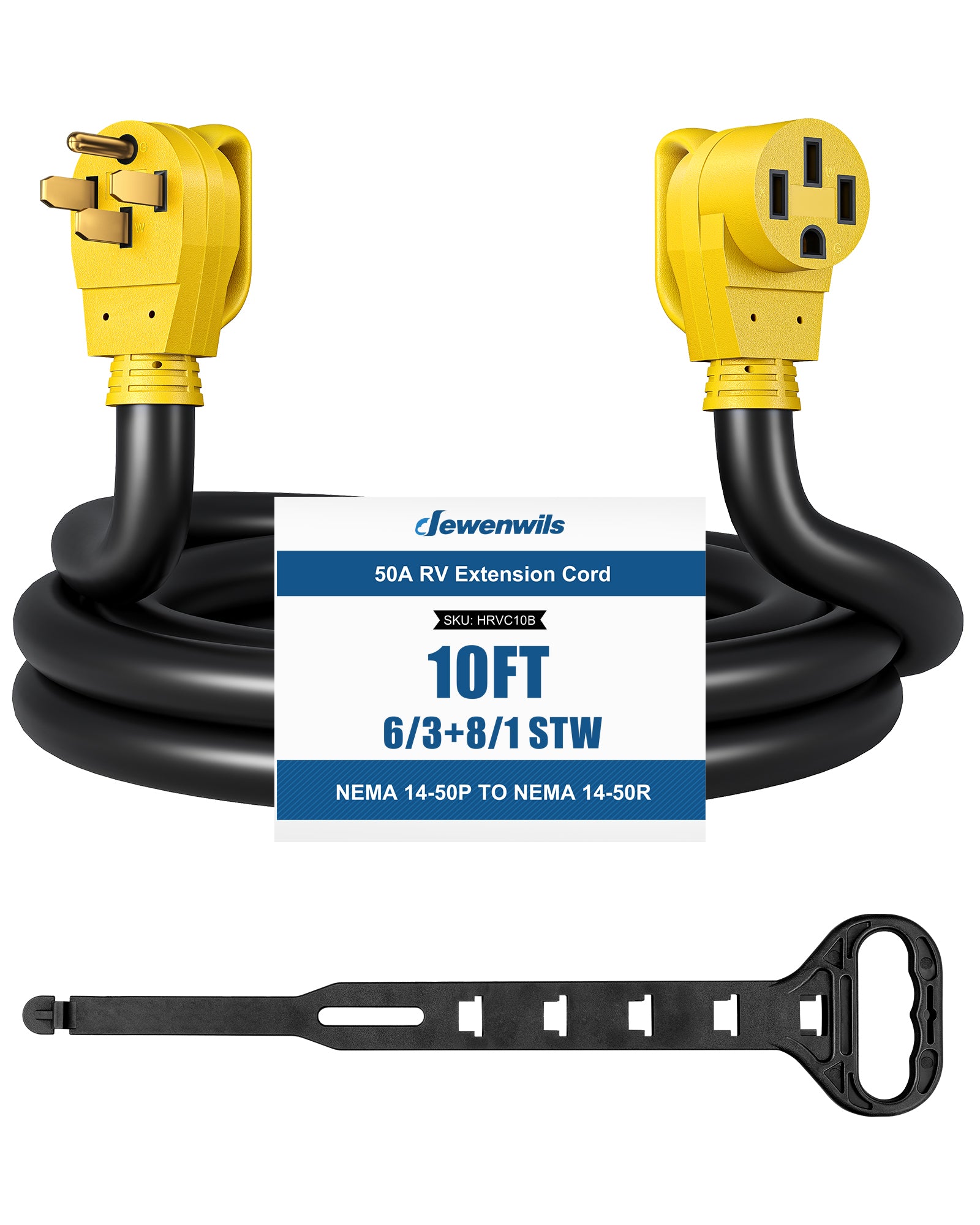 DEWENWILS RV Extension Cord 50A 10 Feet, NEMA 14-50P to 14-50R Copper Wire, 125/250VAC 12500W Heavy Duty EV Power Cord, STW Outdoor Waterproof Power Cable, for RV, EV, Camper, ETL Listed, Yellow  - HRVC10B