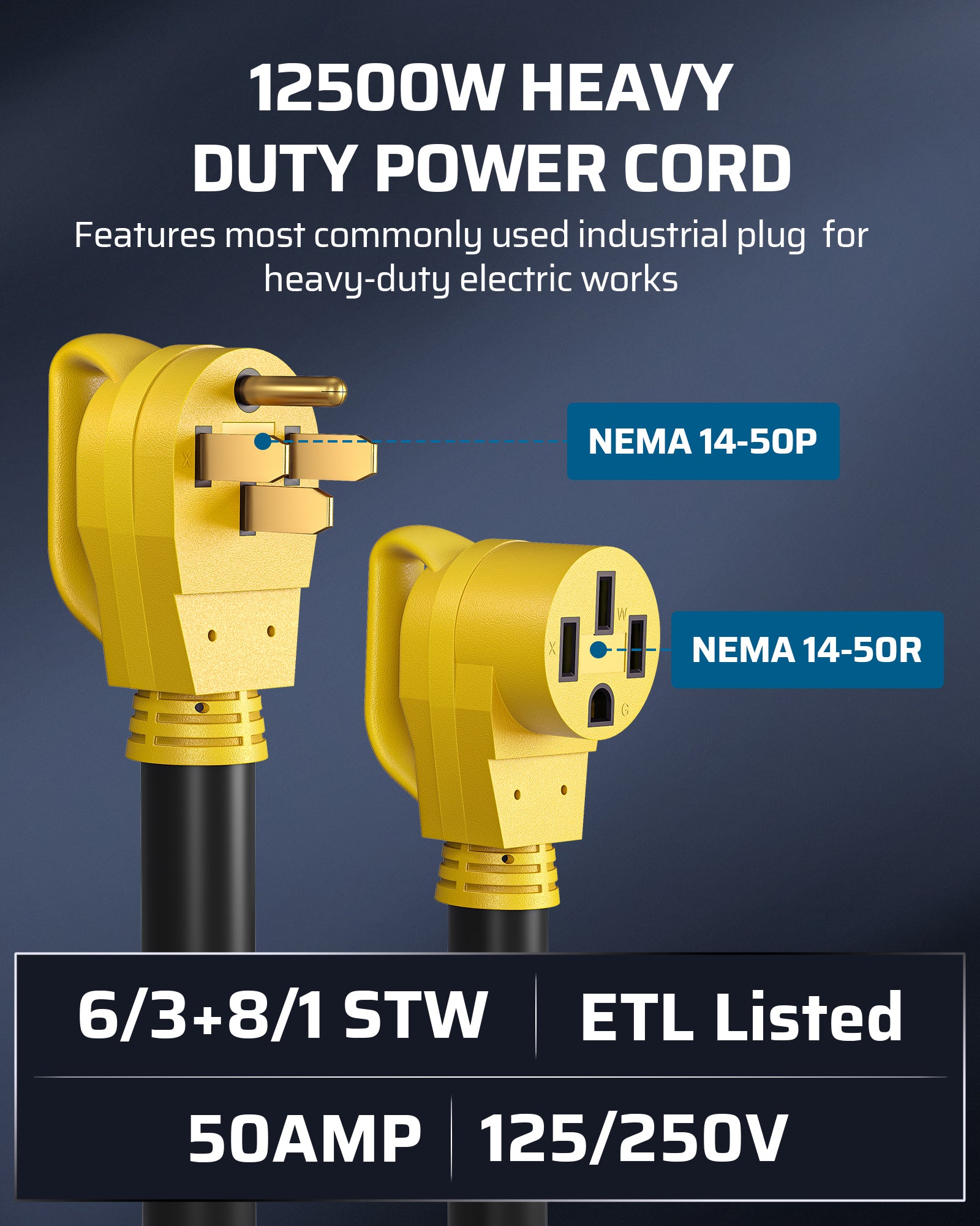 DEWENWILS RV Extension Cord 50A 10 Feet, NEMA 14-50P to 14-50R Copper Wire, 125/250VAC 12500W Heavy Duty EV Power Cord, STW Outdoor Waterproof Power Cable, for RV, EV, Camper, ETL Listed, Yellow  - HRVC10B