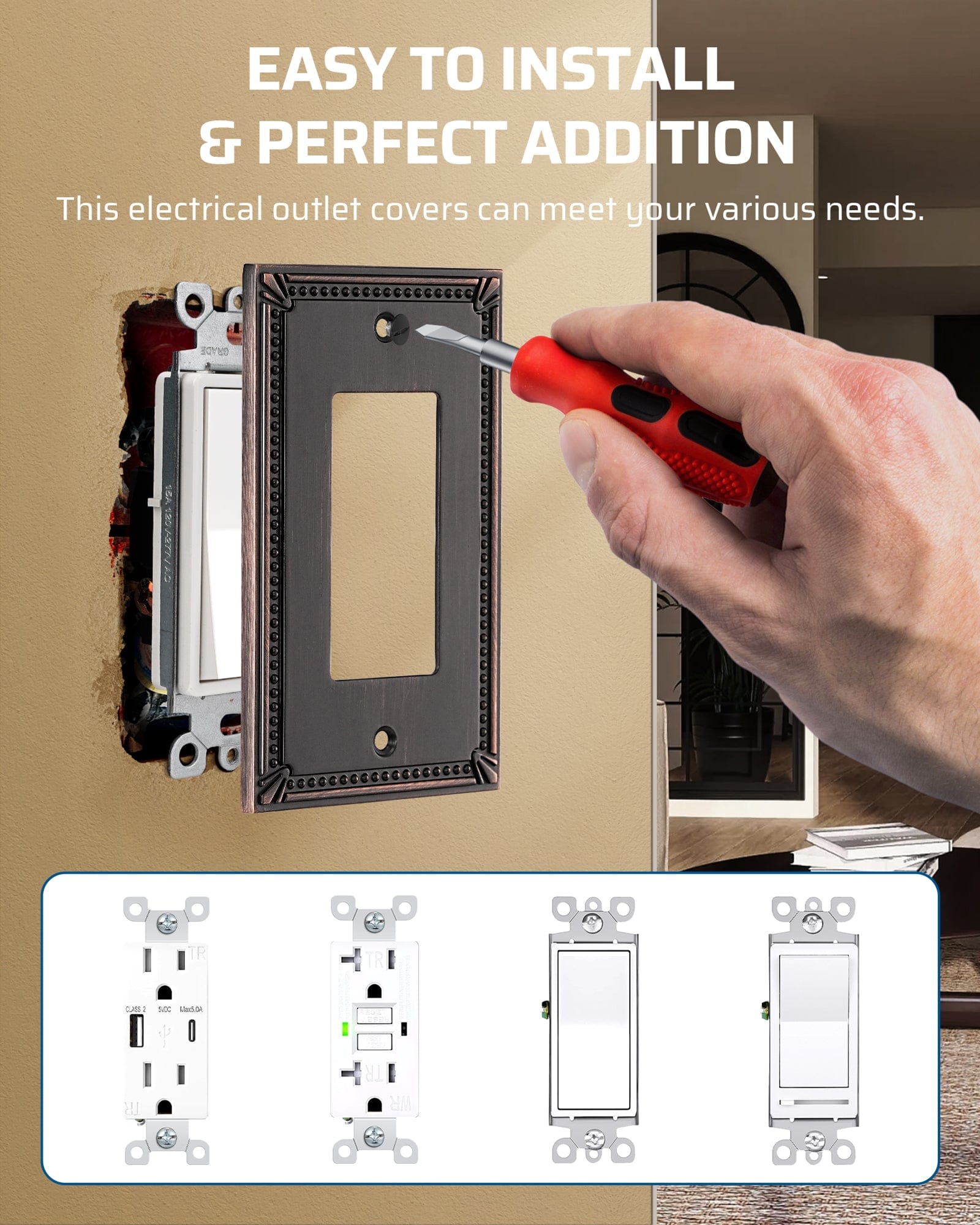 DEWENWILS Sunken Pearls Decorative Wall Plate Switch Plate Outlet Cover, Aged Bronze Light Switch Cover Plate, 4.94"×3.04" Durable Solid Zinc Alloy Receptacle Cover, (Single Decorator, 2 PK)-HRWP04B