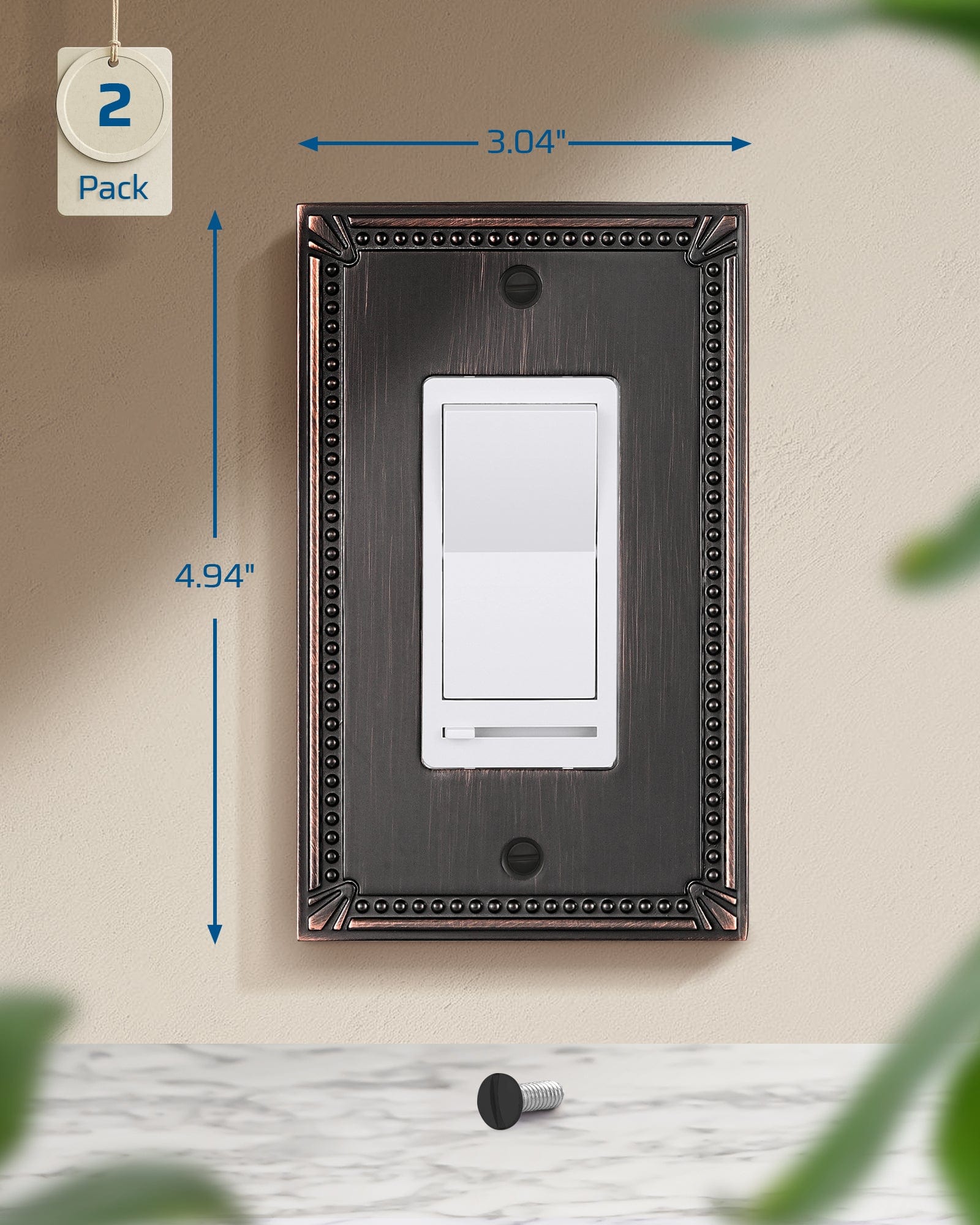 DEWENWILS Sunken Pearls Decorative Wall Plate Switch Plate Outlet Cover, Aged Bronze Light Switch Cover Plate, 4.94"×3.04" Durable Solid Zinc Alloy Receptacle Cover, (Single Decorator, 2 PK)-HRWP04B