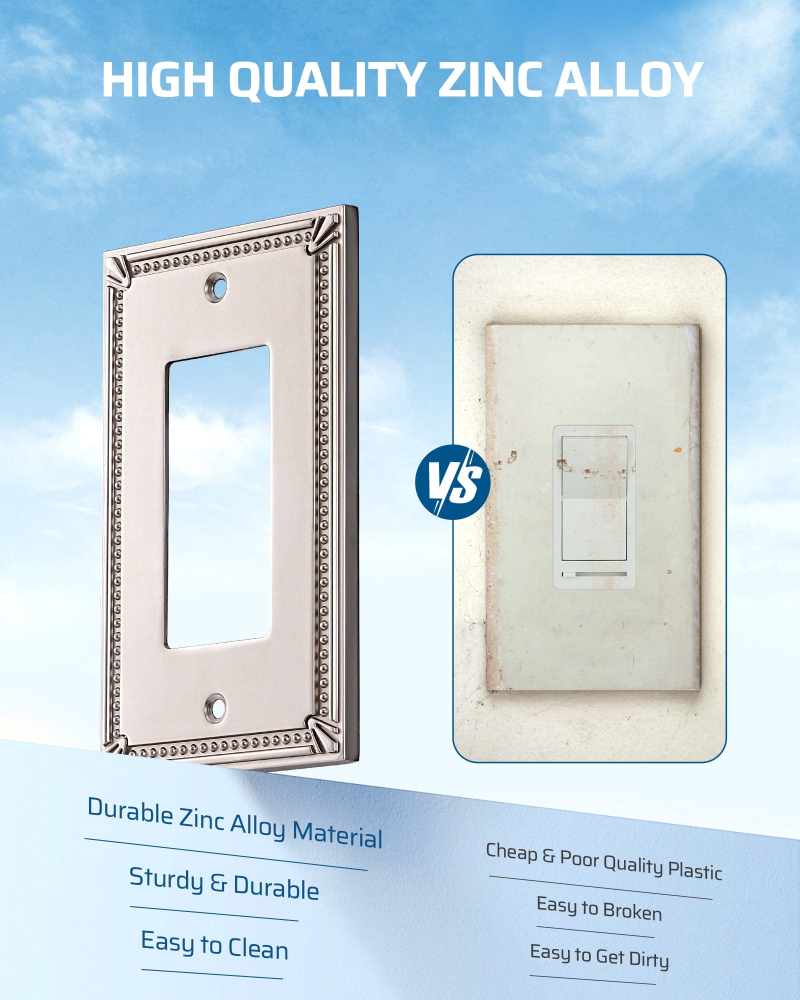 DEWENWILS 2 Pack Zinc Alloy Wall Plate Covers, 4.94"×3.03" Single Toggle Outlet Cover, Satin Nickel Finish Light Switch Plate Cover, Sunken Pearls Decorative Wall Plates Electrical Outlet Cover-HRWP04F