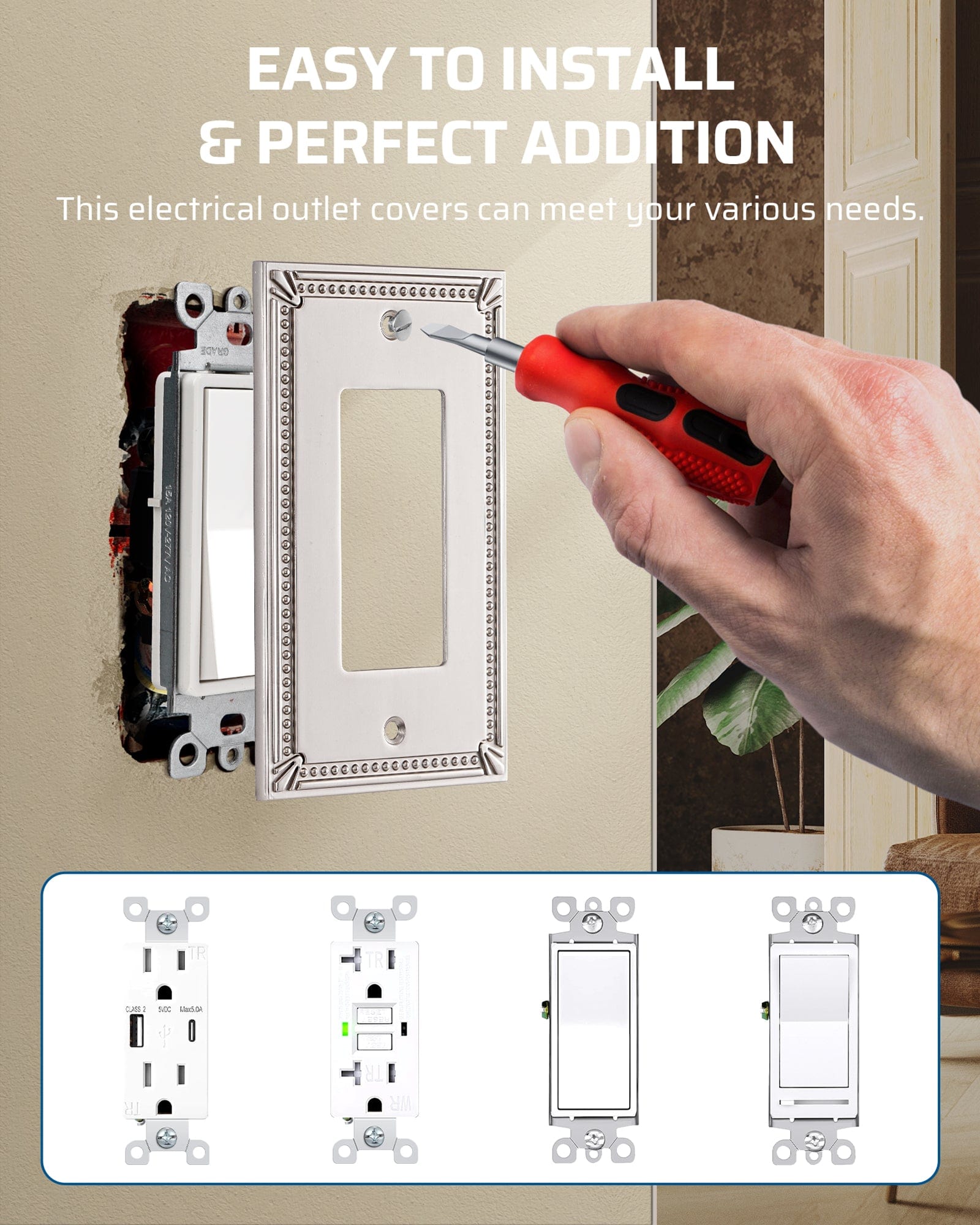 DEWENWILS 2 Pack Zinc Alloy Wall Plate Covers, 4.94"×3.03" Single Toggle Outlet Cover, Satin Nickel Finish Light Switch Plate Cover, Sunken Pearls Decorative Wall Plates Electrical Outlet Cover-HRWP04F