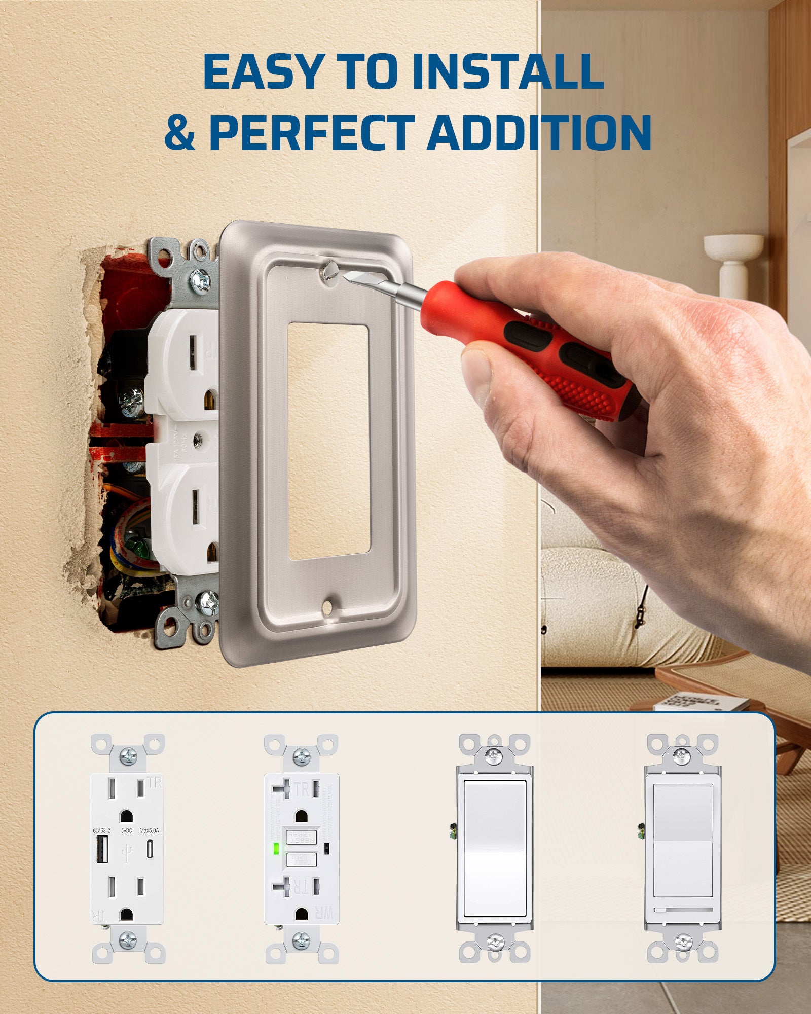 DEWENWILS 4-Pack Brushed Nickel Outlet Covers & Switch Plates — Decorative Metal Wall Plates, Round Corner Design for Decorate Light Switches (1-Gang Standard Size)-HRWP06A