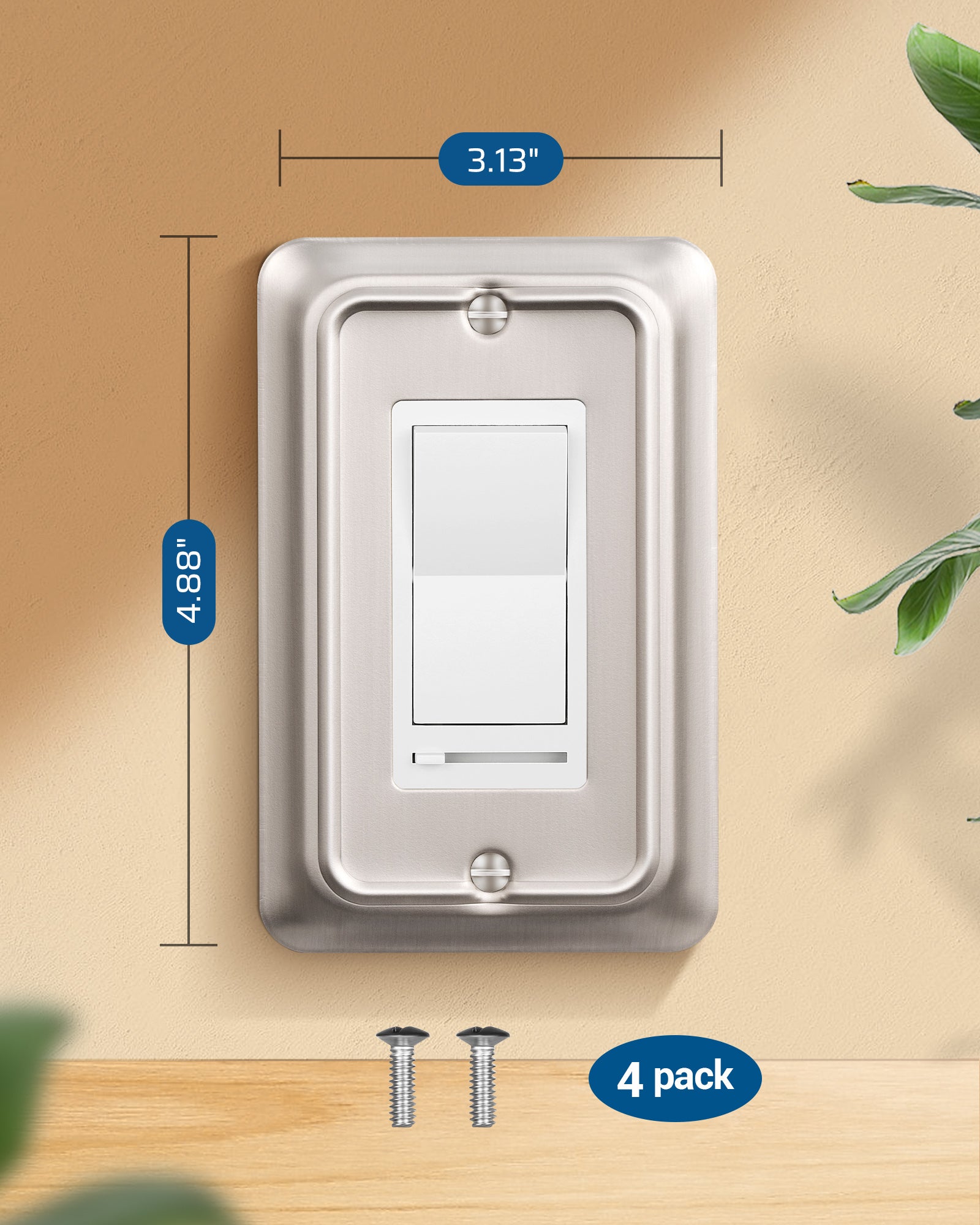DEWENWILS 4-Pack Brushed Nickel Outlet Covers & Switch Plates — Decorative Metal Wall Plates, Round Corner Design for Decorate Light Switches (1-Gang Standard Size)-HRWP06A