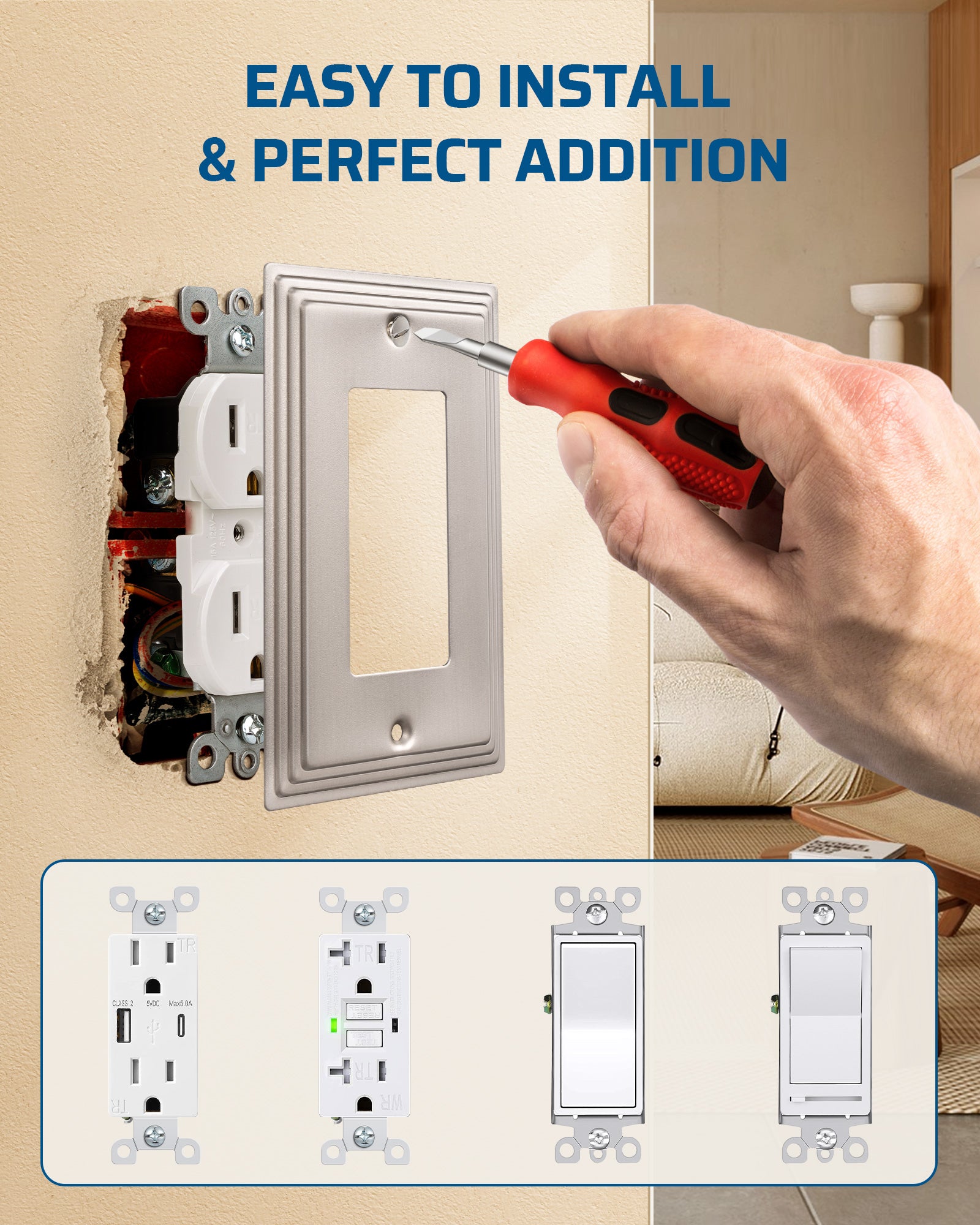 DEWENWILS 4-Pack Brushed Nickel Outlet Covers & Switch Plates — Decorative Metal Wall Plates for Decorate Light Switches (1-Gang Standard Size)-HRWP07A