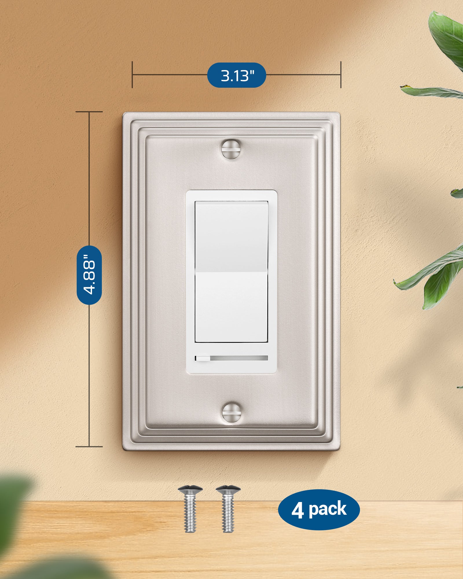 DEWENWILS 4-Pack Brushed Nickel Outlet Covers & Switch Plates — Decorative Metal Wall Plates for Decorate Light Switches (1-Gang Standard Size)-HRWP07A