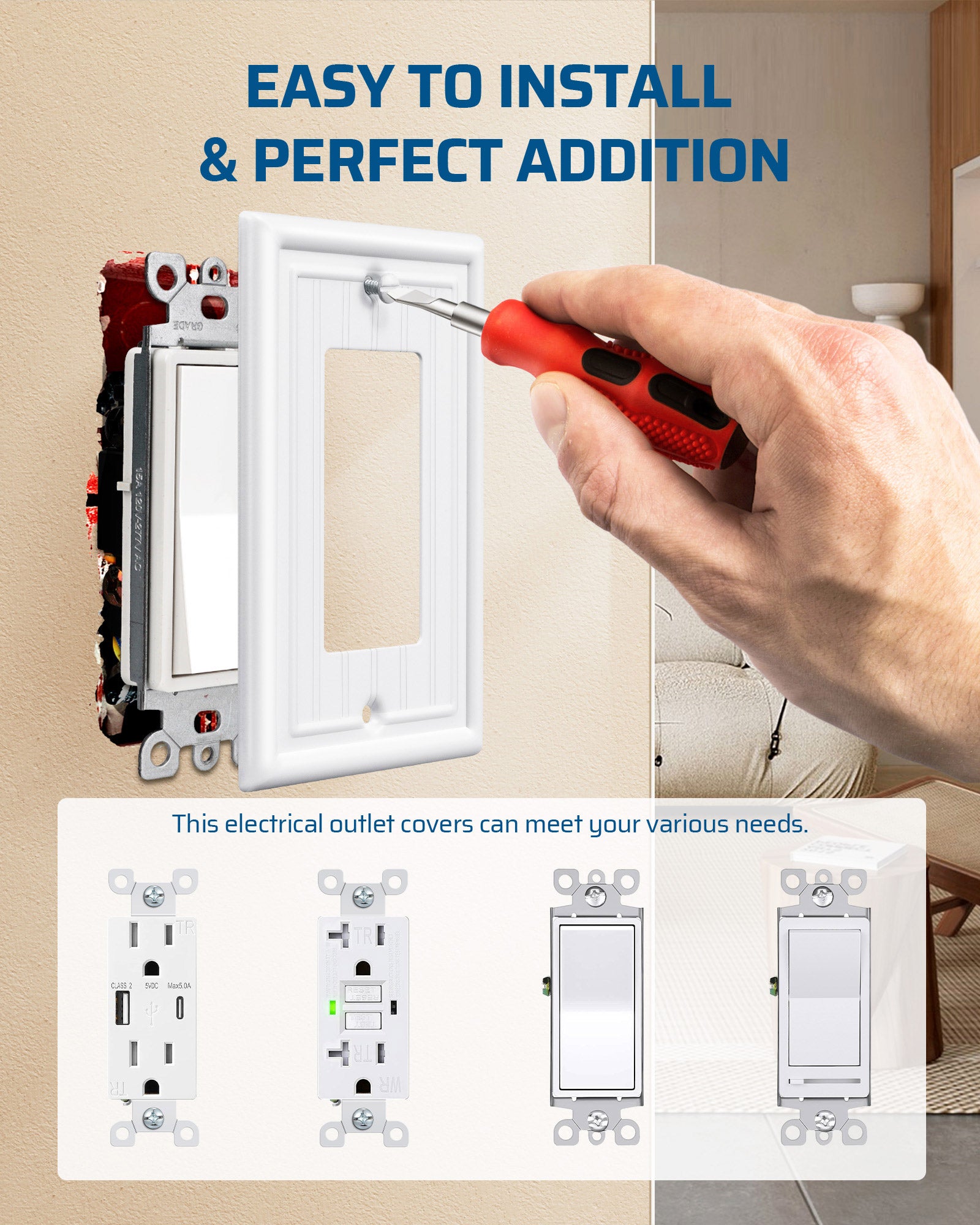 DEWENWILS 4-Pack White Outlet Covers & Switch Plates — Decorative Metal Wall Plates for Decorate Light Switches (1-Gang Standard Size)-HRWP08C
