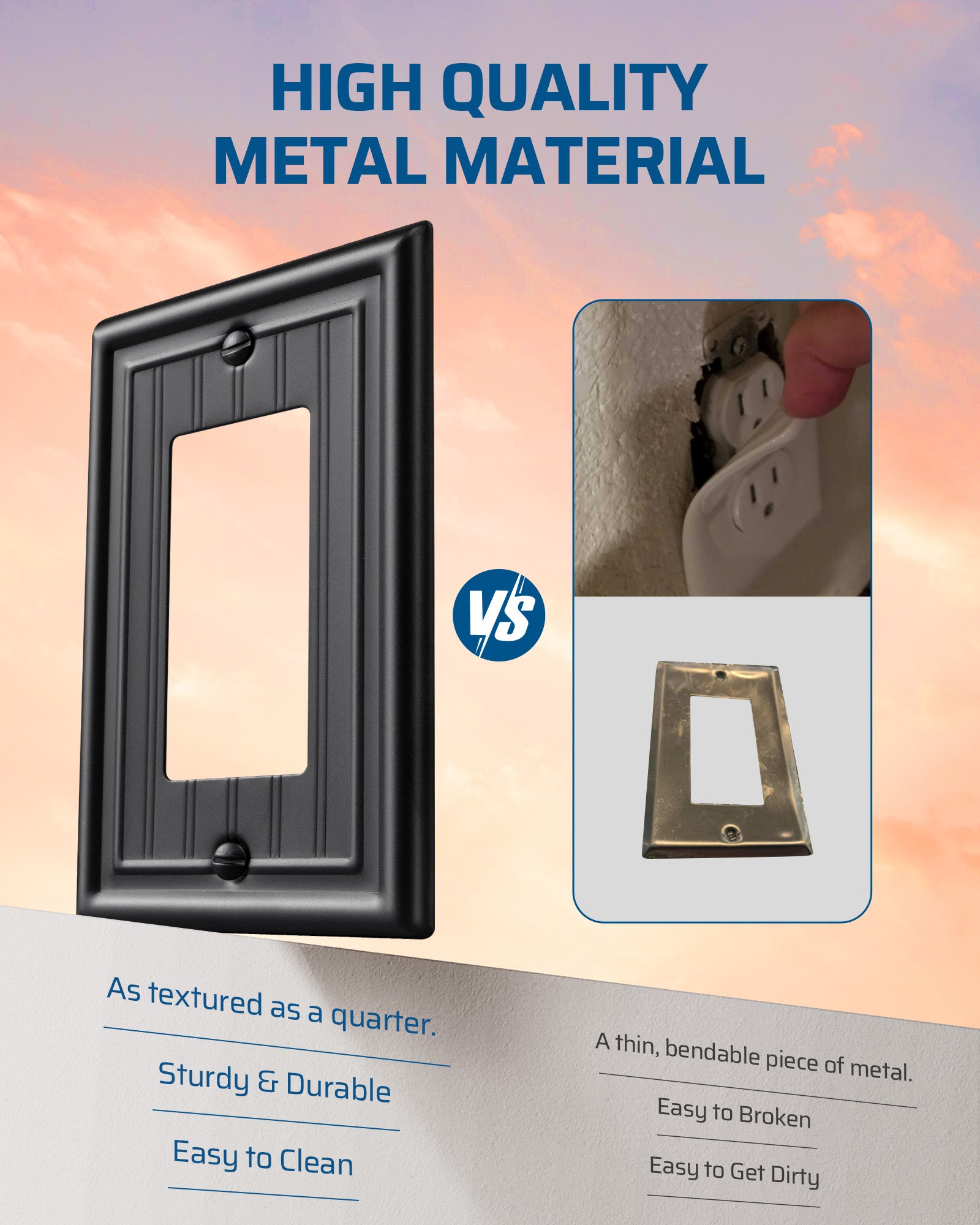 DEWENWILS 4-Pack Black Outlet Covers & Switch Plates — Decorative Metal Wall Plates for Decorate Light Switches (1-Gang Standard Size)-HRWP08D