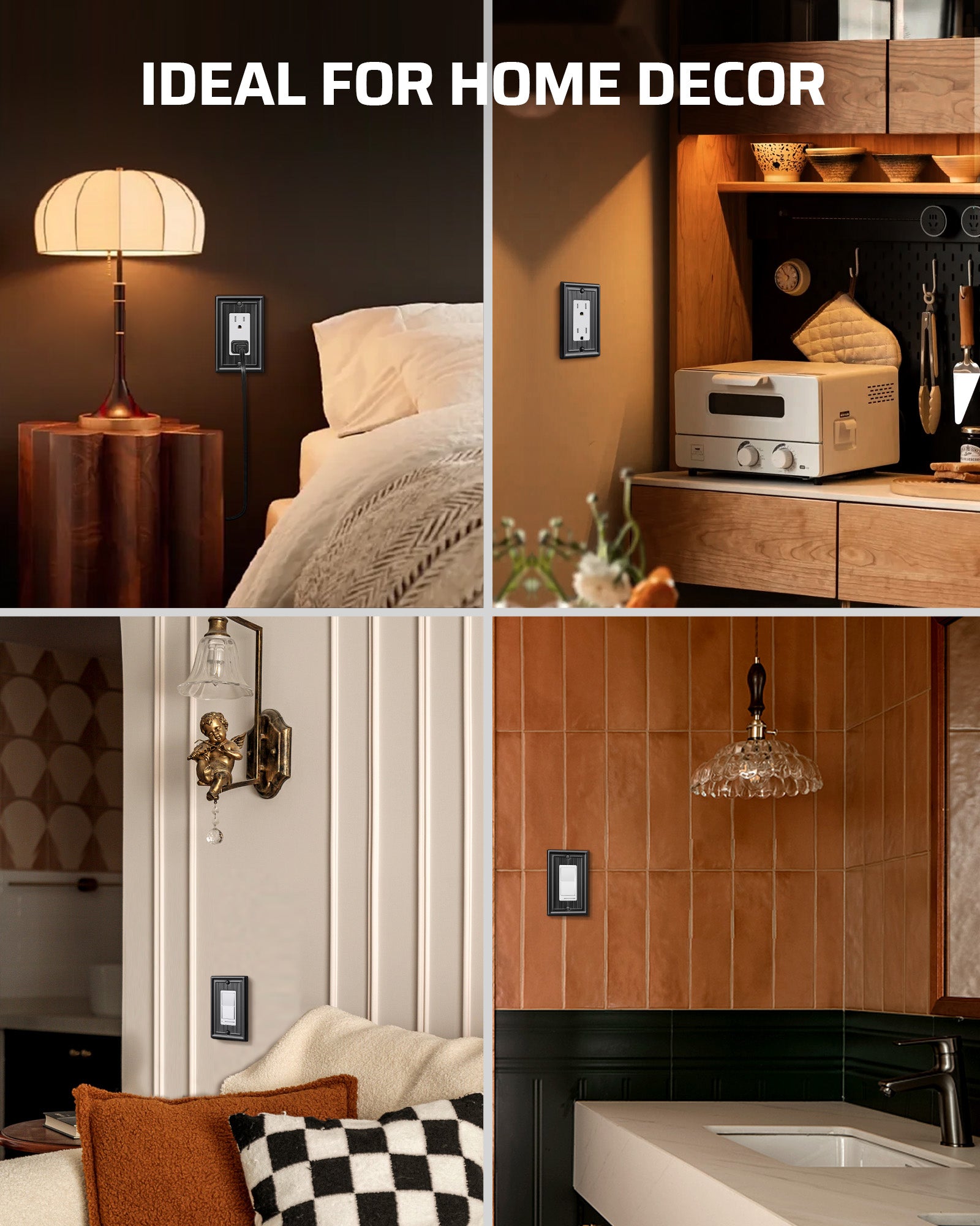 DEWENWILS 4-Pack Black Outlet Covers & Switch Plates — Decorative Metal Wall Plates for Decorate Light Switches (1-Gang Standard Size)-HRWP08D