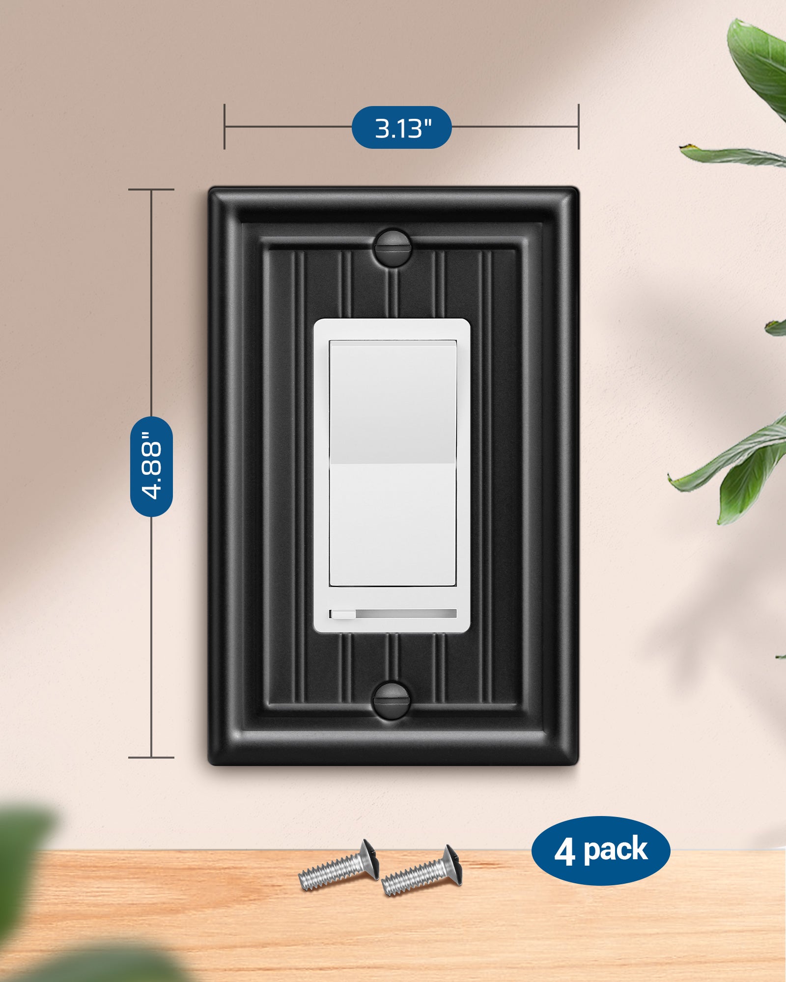 DEWENWILS 4-Pack Black Outlet Covers & Switch Plates — Decorative Metal Wall Plates for Decorate Light Switches (1-Gang Standard Size)-HRWP08D