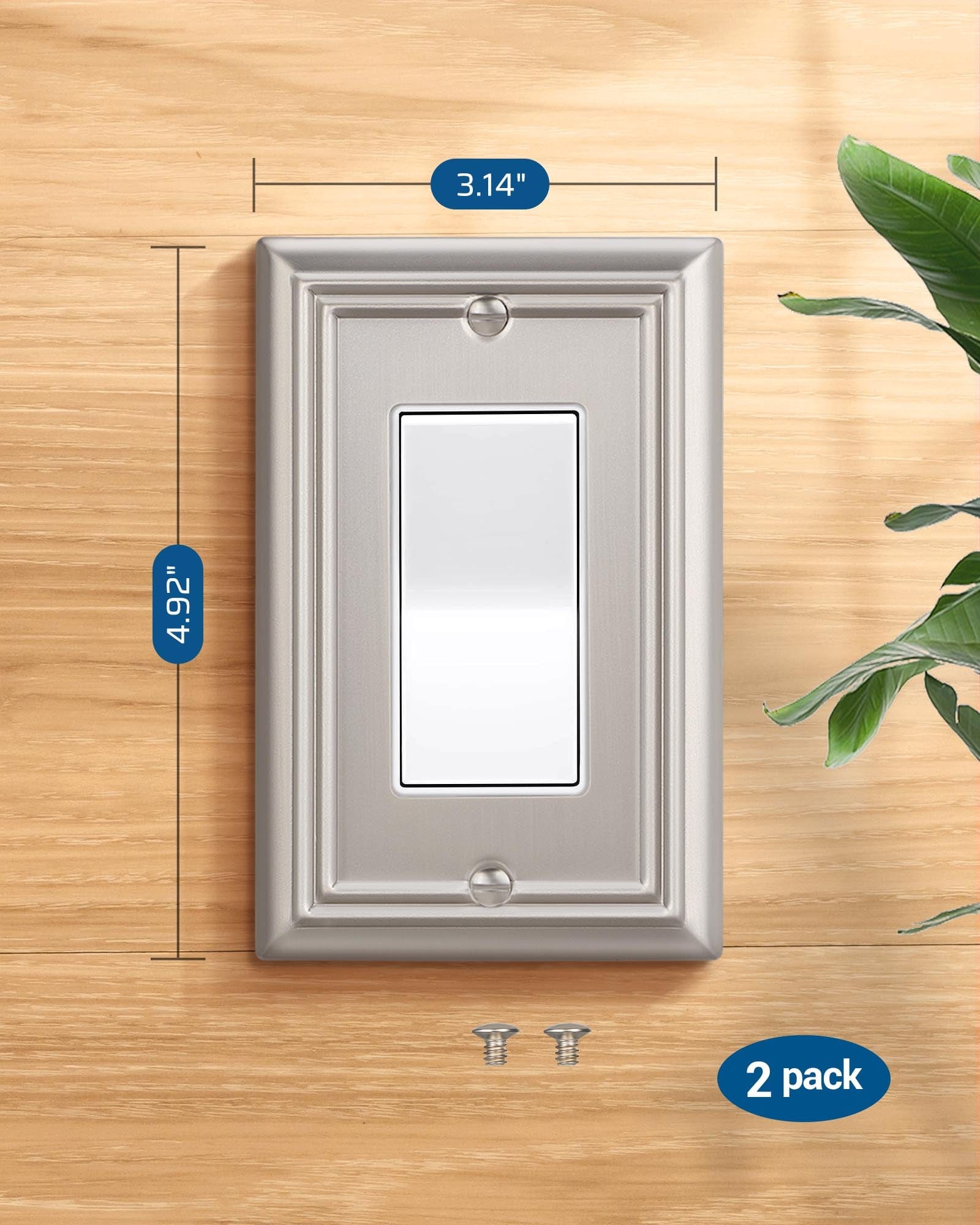 DEWENWILS Decorator Outlet Covers, Brushed Nickel Metal Light Switch Cover Plates, 4.92" x 3.14" Decorative Outlet Wall Plates, Switch Plate Covers for Home Decor, 2 Pack-HRWP12A