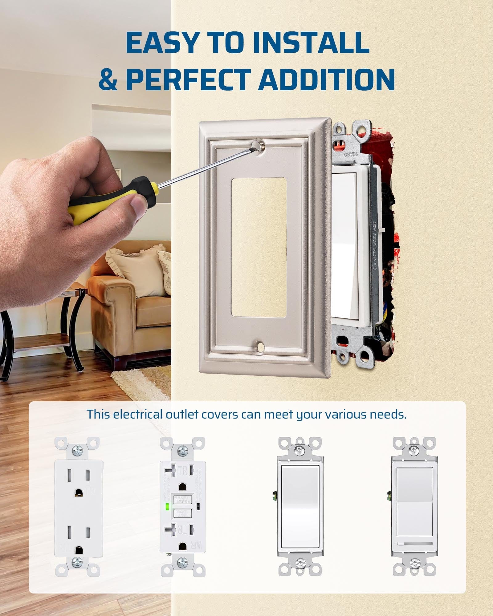 DEWENWILS Decorator Outlet Covers, Satin Nickel Outlet Wall Plates, 4.92" x 3.14" Decorative Switch Plate Cover, Metal Electrical Outlet Cover Plate, 4 Pack-HRWP14F