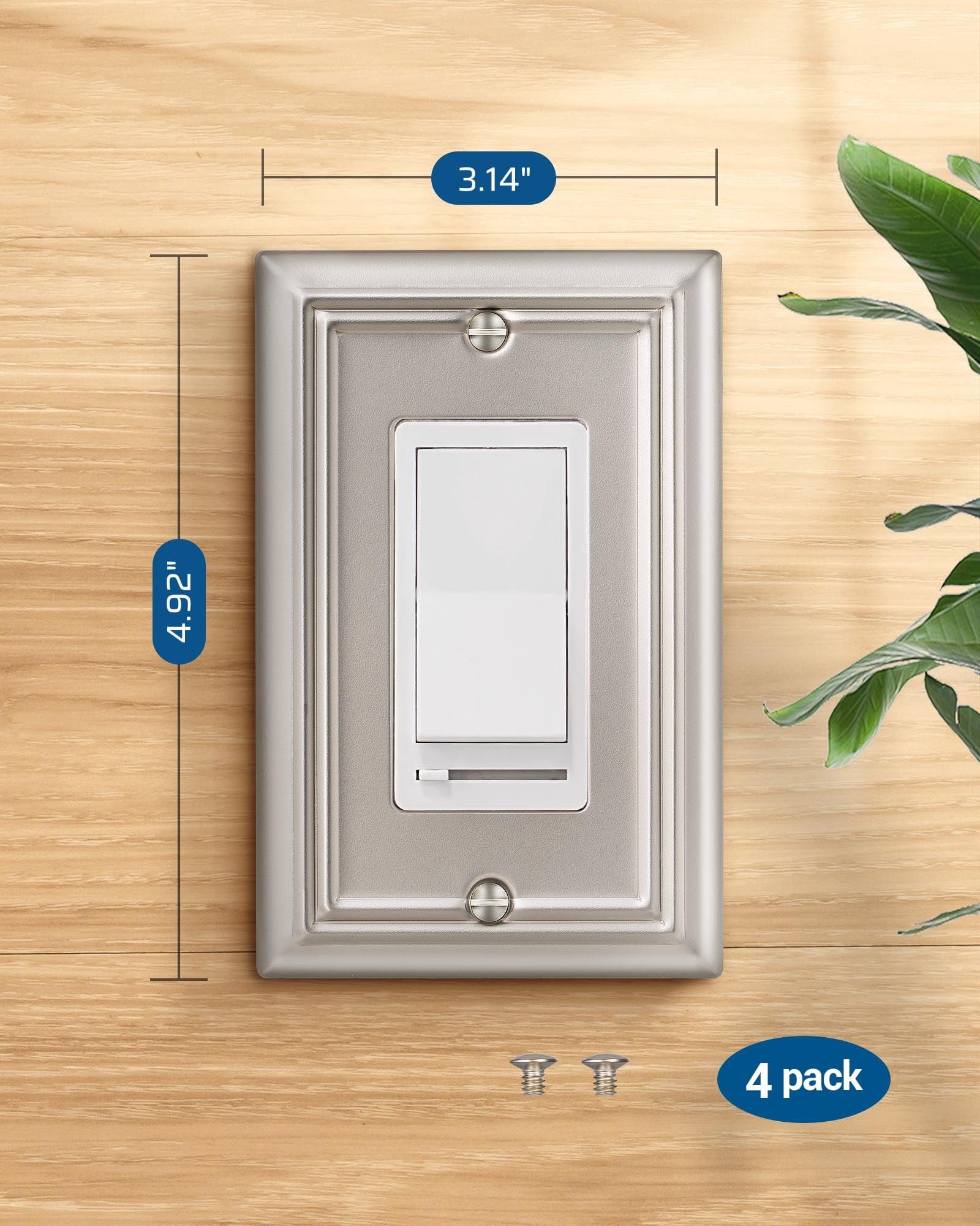 DEWENWILS Decorator Outlet Covers, Satin Nickel Outlet Wall Plates, 4.92" x 3.14" Decorative Switch Plate Cover, Metal Electrical Outlet Cover Plate, 4 Pack-HRWP14F