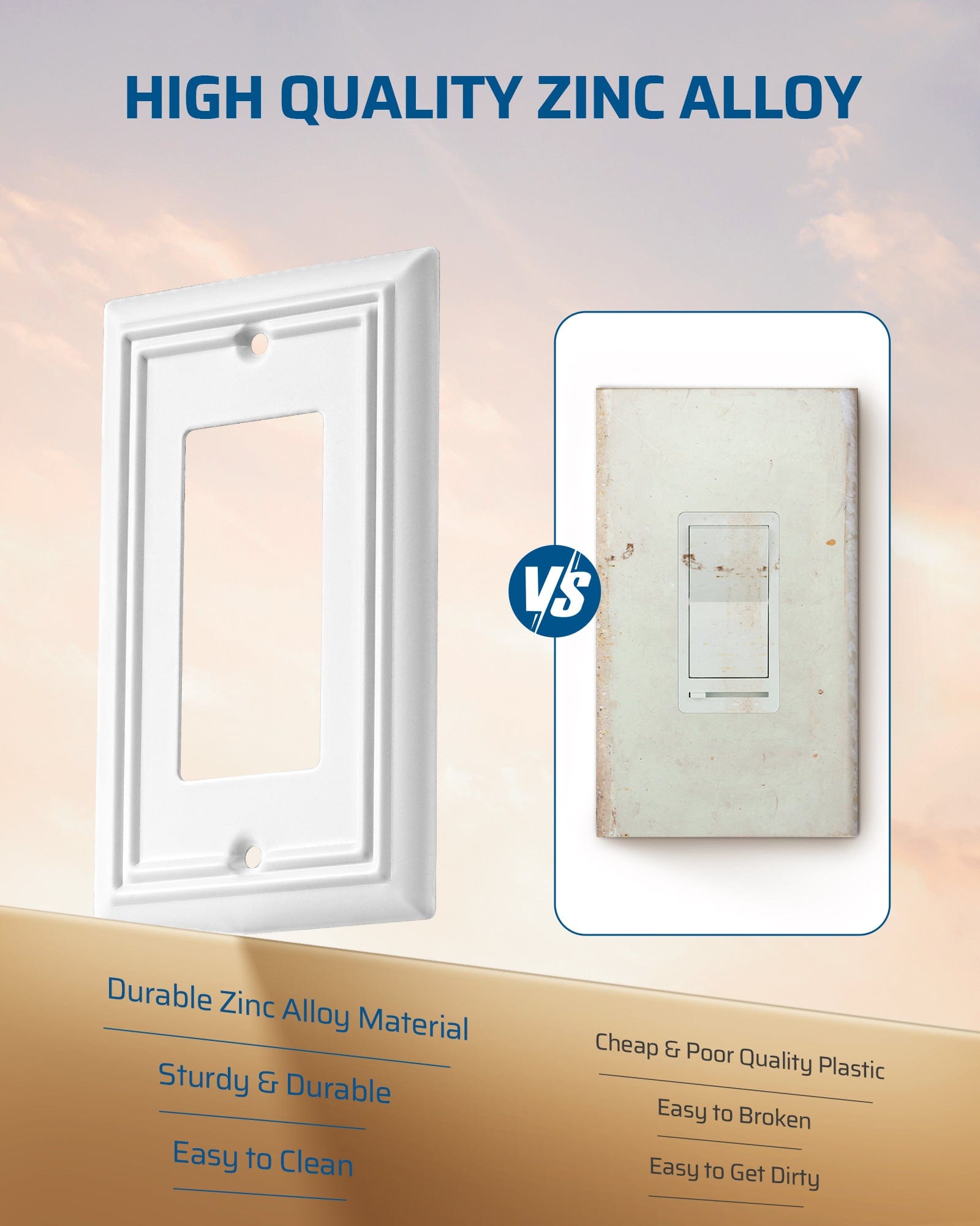 DEWENWILS Single Decorator Wall Plate, Metal Outlet Cover, Standard Size 1-Gang Light Switch Cover,Durable Receptacle Cover (4 Pack, White)-HRWP14G